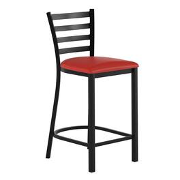 Emma + Oliver - Ladder Back Metal Restaurant Counter Stool - Upholstered Seat - Red Vinyl Seat/Black Metal Frame