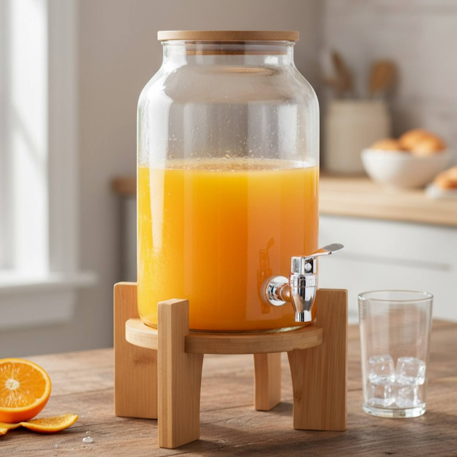Left. Jay Import - Delray Glass Beverage Dispenser with Bamboo Lid & Stand (4L / 1 Gal) - Clear.