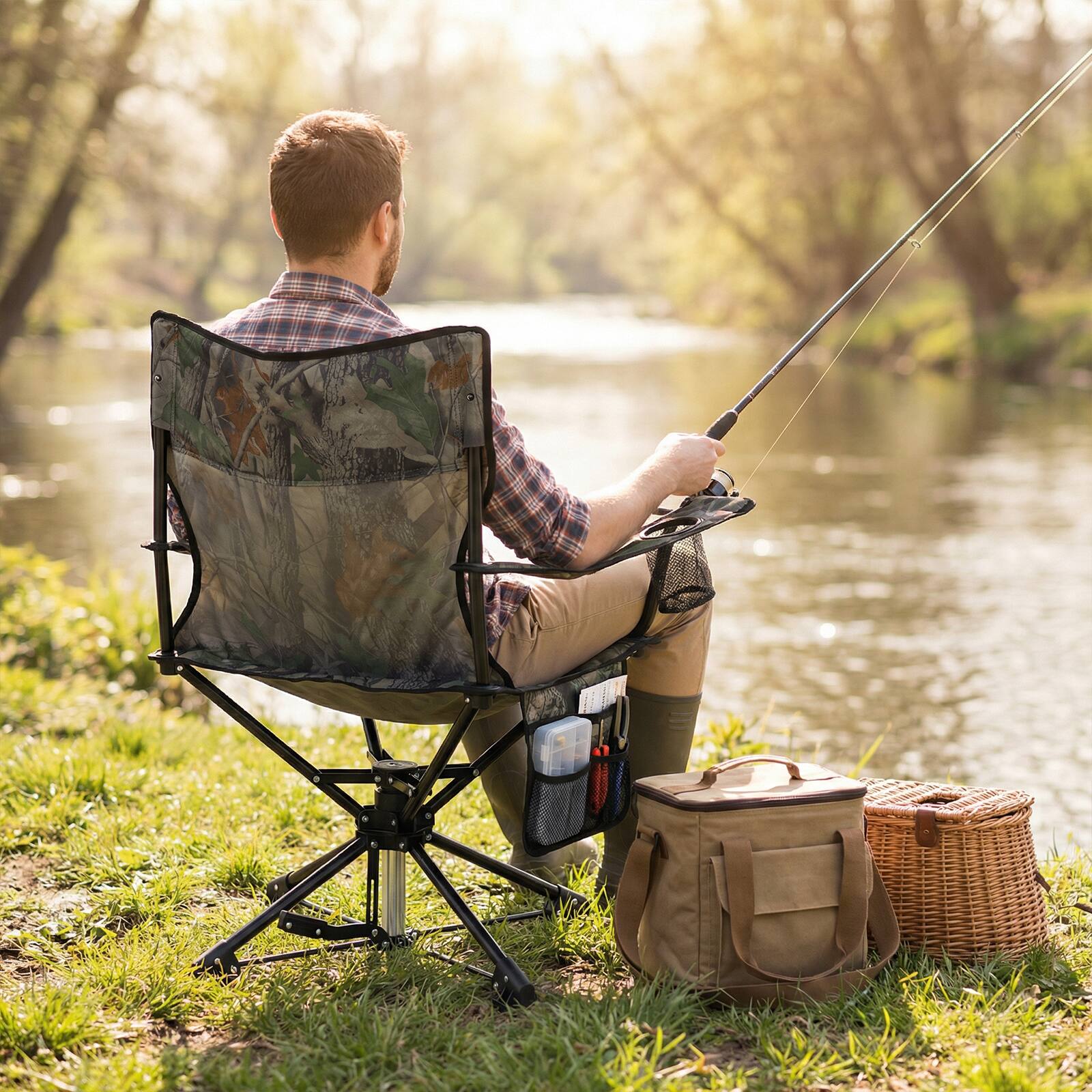 Alt View 3. Costway - Costway 2 PCS 360° Swivel Hunting Chair with Mesh Cup Holder & Storage Pockets Cozy Backrest - Camouflage.