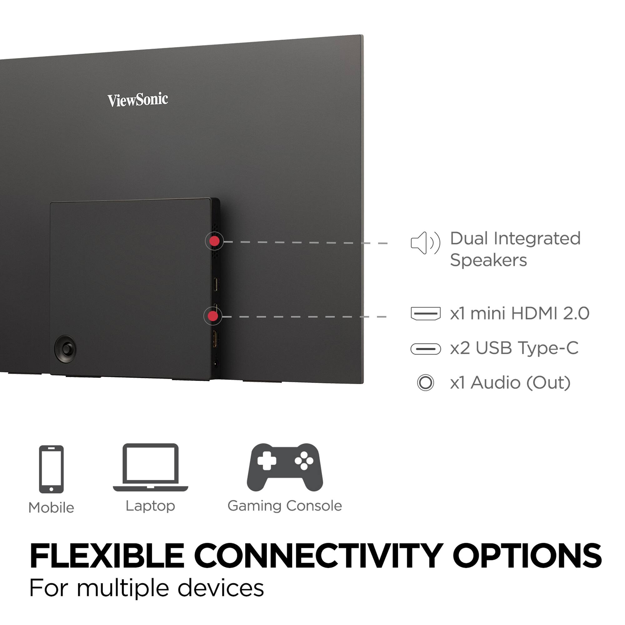 The text on the image is already grouped and correctly written. It reads: "ViewSonic Dual Integrated Speakers x1 mini HDMI 2.0 x2 USB Type-C x1 Audio (Out) + Mobile Laptop Gaming Console FLEXIBLE CONNECTIVITY OPTIONS For multiple devices."