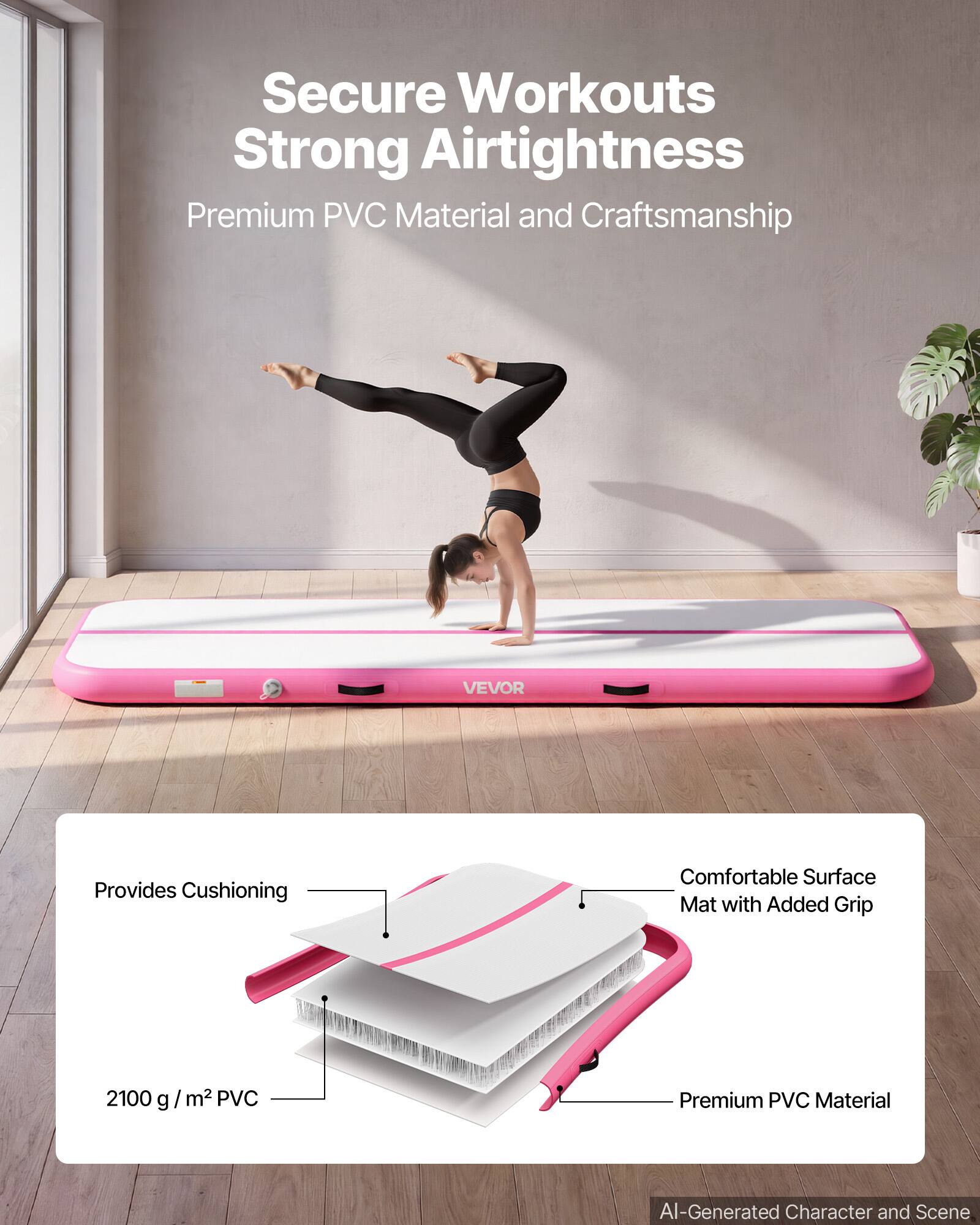 Secure Workouts Strong Airtightness  
Premium PVC Material and Craftsmanship  
VEVOR Provides Cushioning  
Comfortable Surface Mat with Added Grip  
2100 g / m² PVC  
Premium PVC Material  
AI-Generated Character and Scene