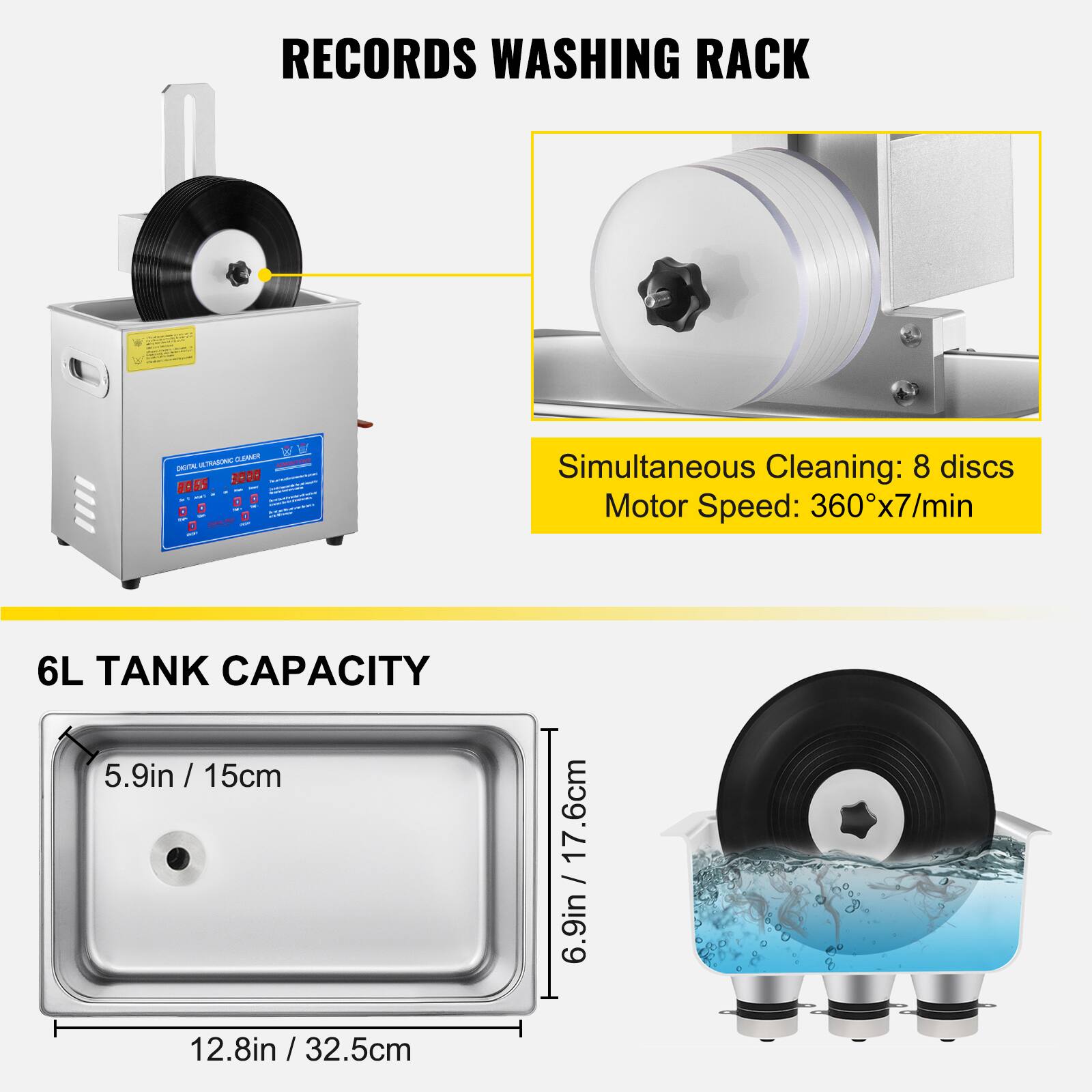 RECORDS WASHING RACK - Leoun - STALA S 3000

- Simultaneous Cleaning: 8 discs
- Motor Speed: 360°x7/min
- 6L TANK CAPACITY

Dimensions:
- 5.9in / 15cm
- 12.8in / 32.5cm
- 6.9in / 17.6cm
- 6.9in / 17.6cm
