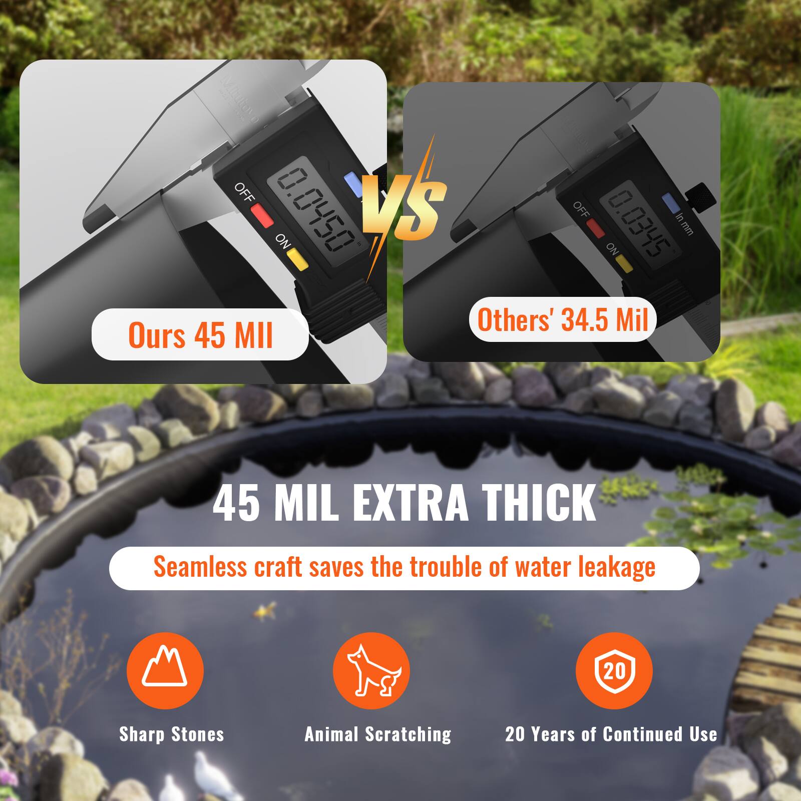 Mhtto 1 OFF 0.0450 VS OFF 0.0345 inmm  NO ON Others' 34.5 Mil Ours 45 MII 45 MIL EXTRA THICK Seamless craft saves the trouble of water leakage 20 Sharp Stones Animal Scratching 20 Years of Continued Use