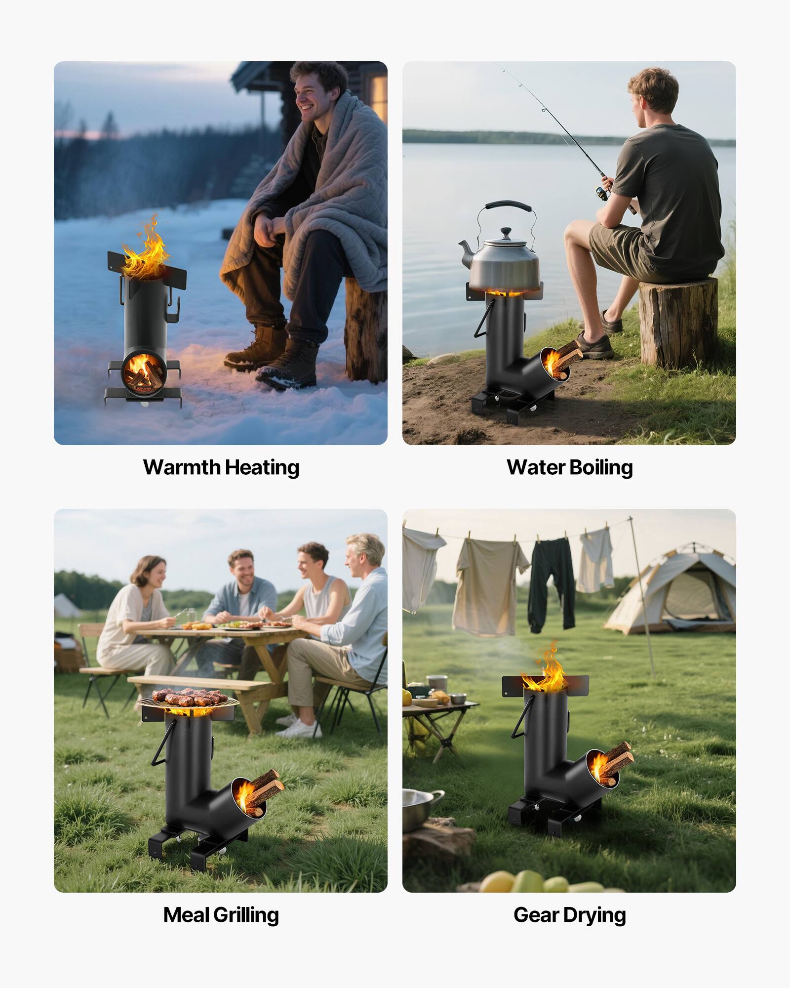 Warmth Heating  
Water Boiling  
Meal Grilling  
Gear Drying