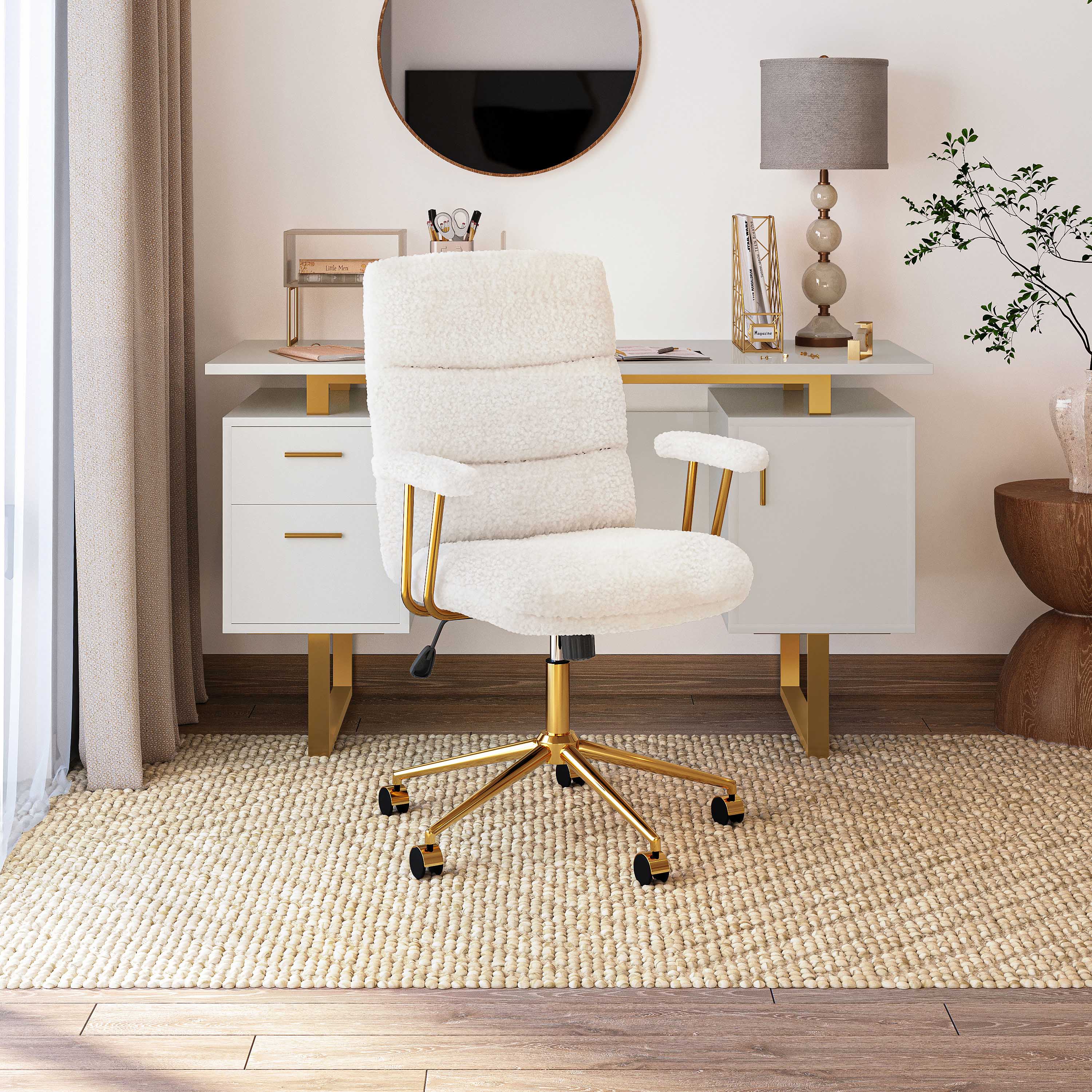 Alt View 4. Forest'nSky - Modern Office Chair - Textured Boucle Fabric, Adjustable Height with Padded Arms,White & Gold - White.