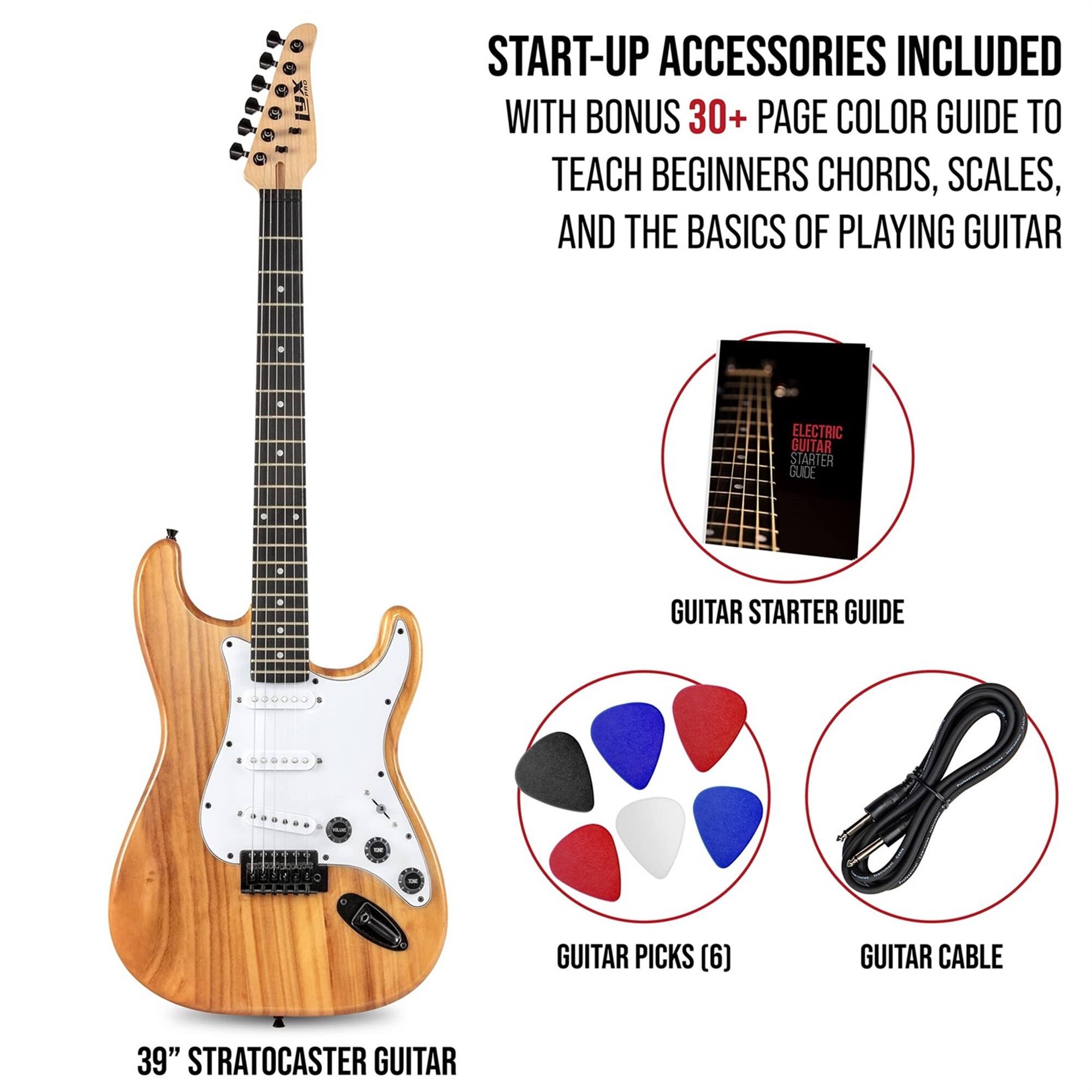 M - START-UP ACCESSORIES INCLUDED WITH BONUS 30+ PAGE COLOR GUIDE TO TEACH BEGINNERS CHORDS, SCALES, AND THE BASICS OF PLAYING GUITAR ELECTRIC GUITAR STARTER GUIDE 1 + GUITAR STARTER GUIDE GUITAR PICKS (6) GUITAR CABLE 39" STRATOCASTER GUITAR