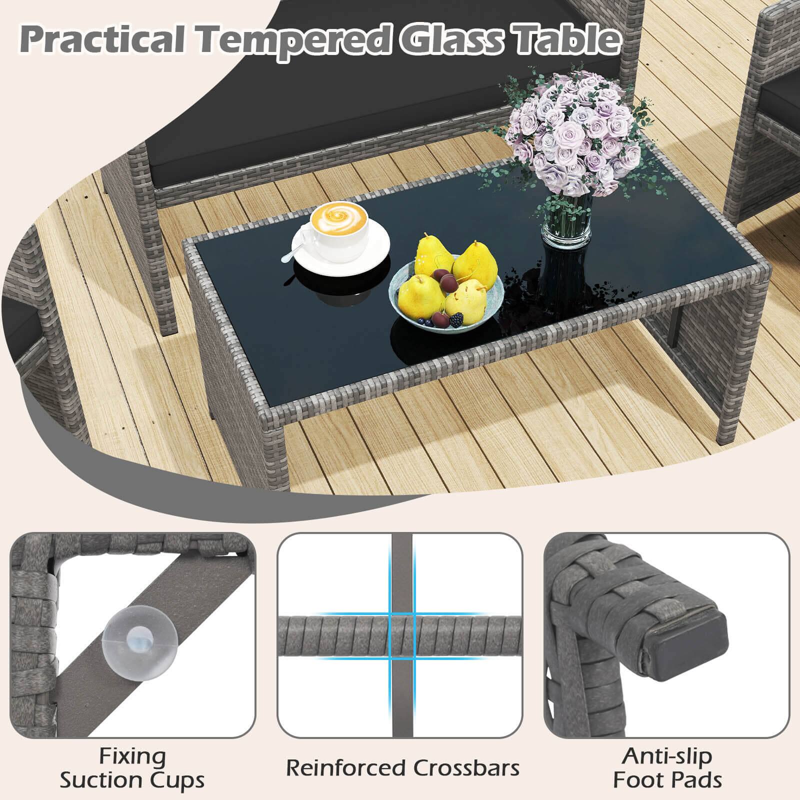 Practical Tempered Glass Table

- Fixing Suction Cups
- Reinforced Crossbars
- Anti-slip Foot Pads