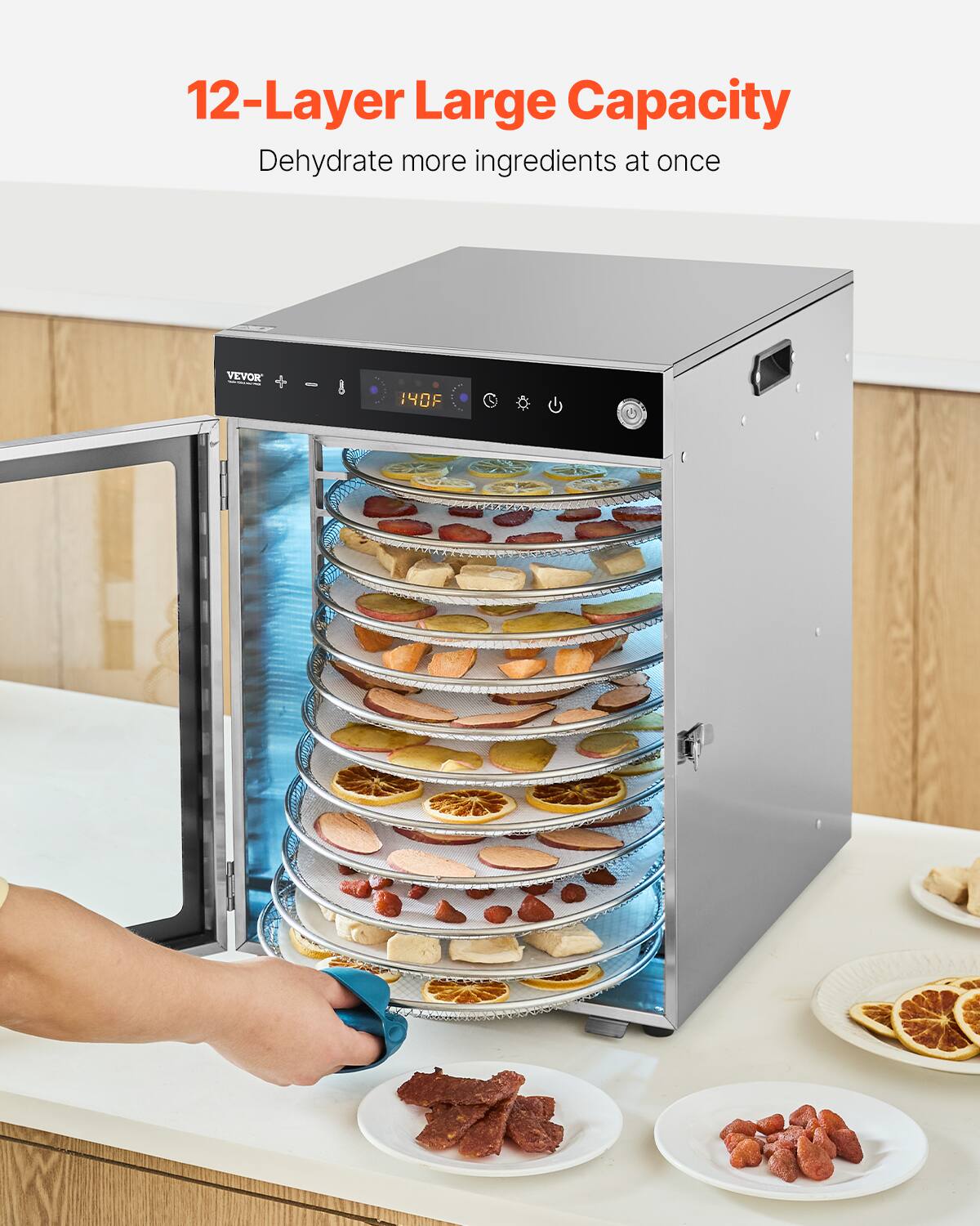12-Layer Large Capacity  
Dehydrate more ingredients at once  
VEVOR  
140F