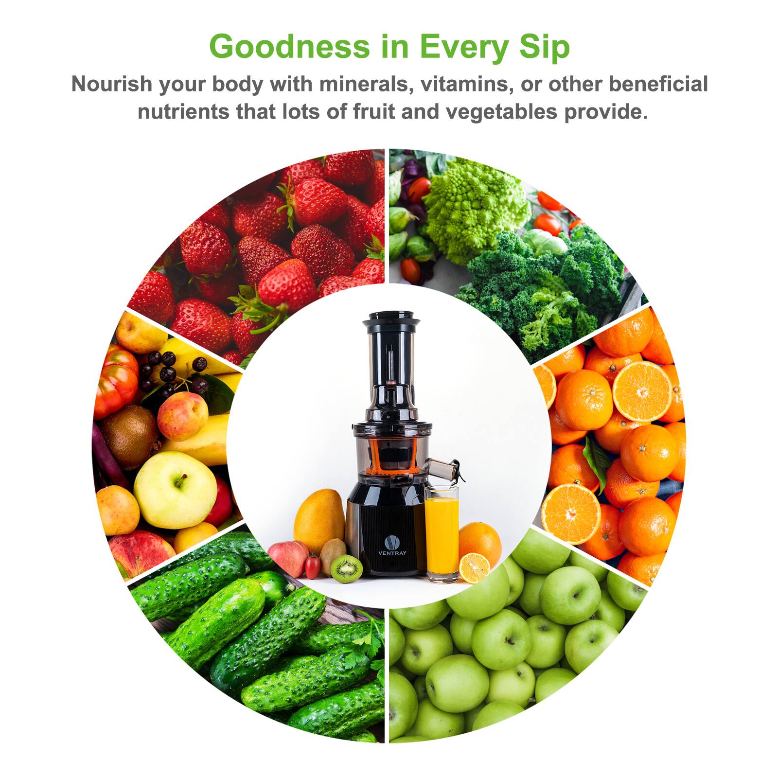 Goodness in Every Sip  
Nourish your body with minerals, vitamins, or other beneficial nutrients that lots of fruit and vegetables provide.  
VENTBAY