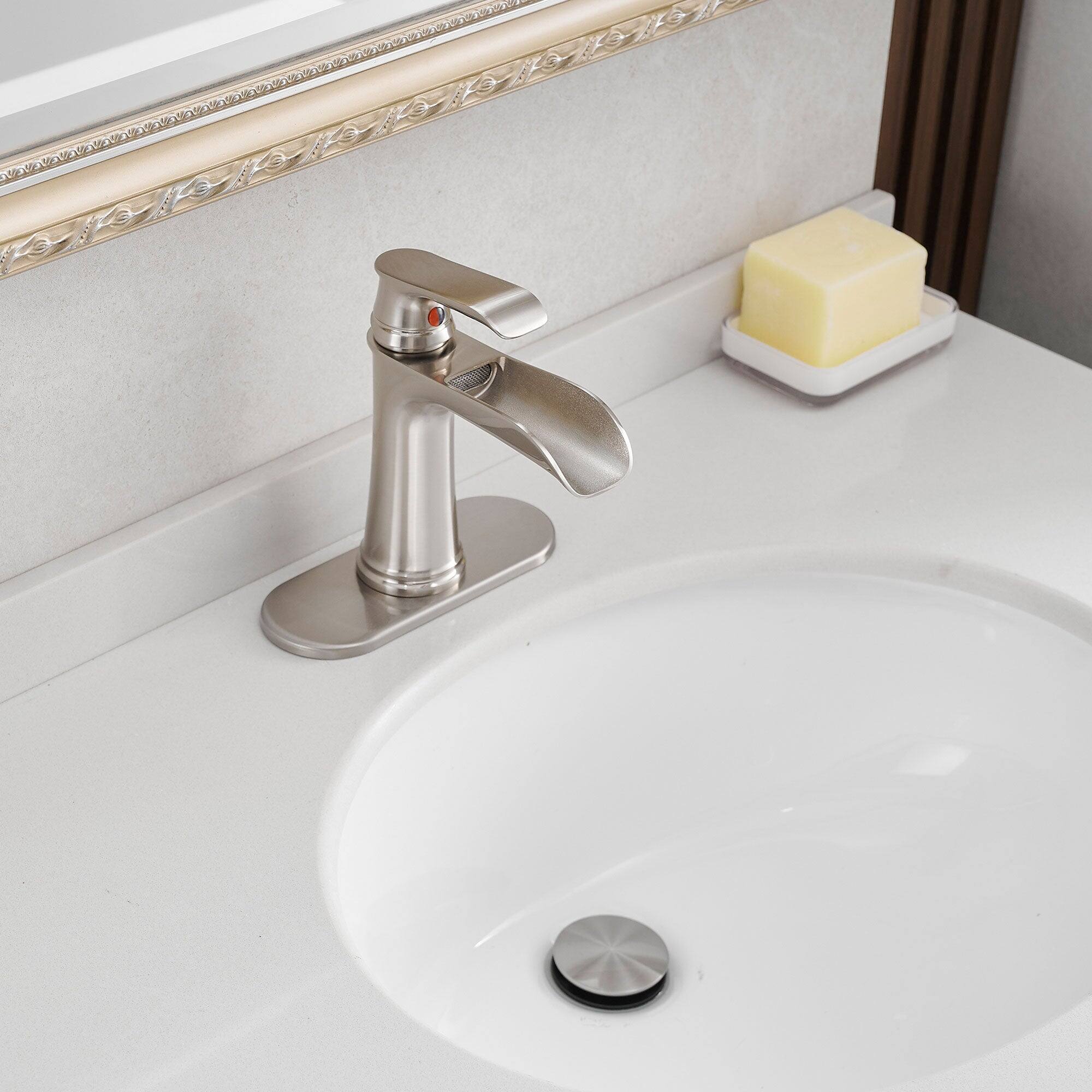 Alt View 2. Boyel Living - Single Handle Single Hole Bathroom Faucet Brushed Nickel with Deck Plate Pop Up Drain and Water Supply Hoses - Brushed Nickel.