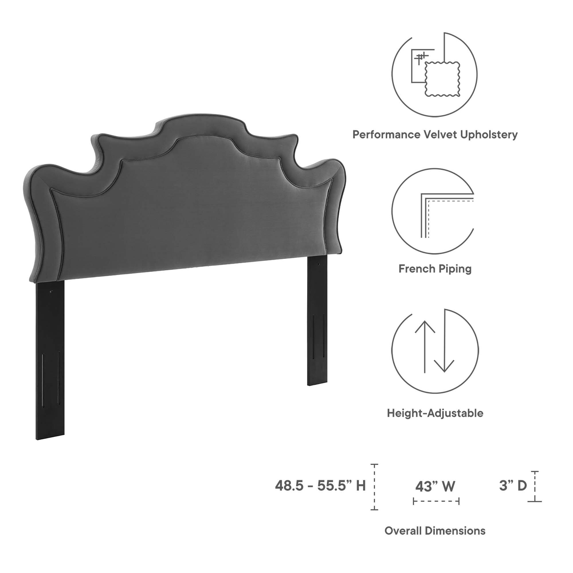 Performance Velvet Upholstery  
French Piping  
Height-Adjustable  

Overall Dimensions:  
Height: 48.5" - 55.5"  
Width: 43"  
Depth: 3"