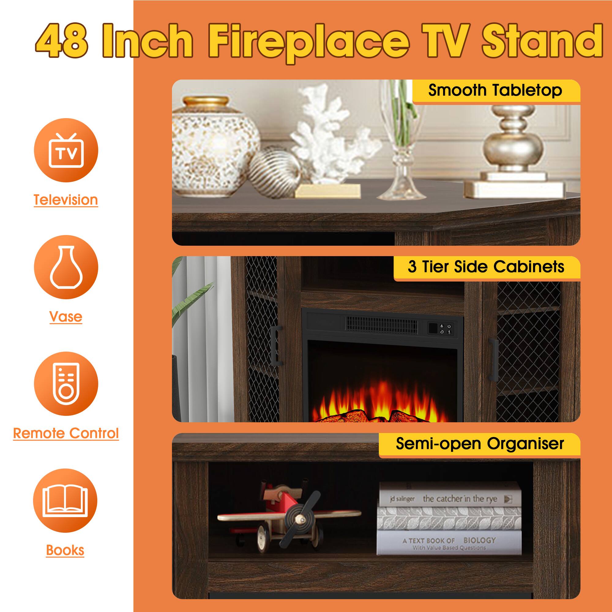 48 Inch Fireplace TV Stand  
Smooth Tabletop  
3 Tier Side Cabinets  
Vase  
Remote Control  
Books  
Semi-open Organiser  

- Television  
- J. Salinger: The Catcher in the Rye  
- A Text Book of Biology (WiEN)  
- Based M0HEN