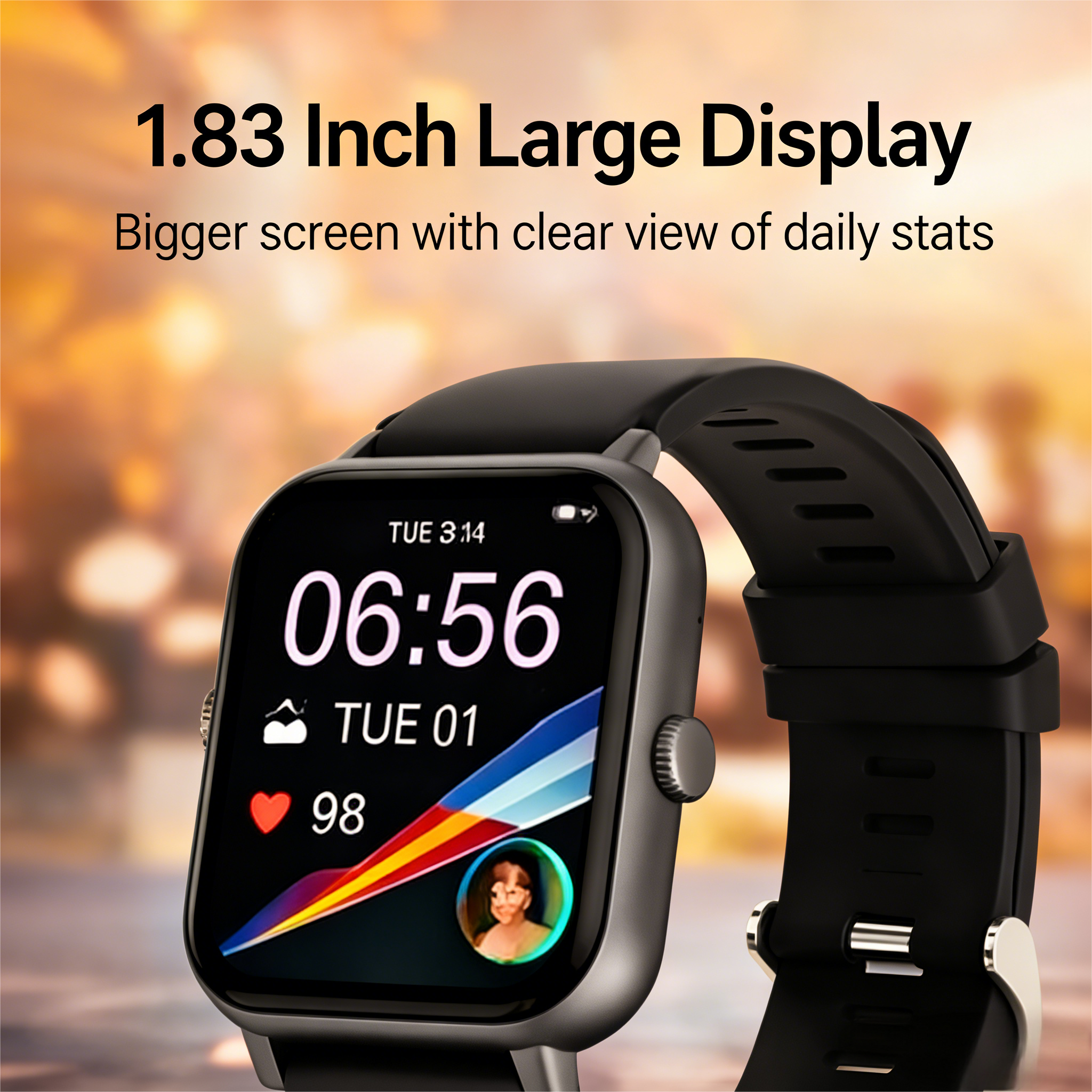 1.83 Inch Large Display  
Bigger screen with clear view of daily stats  

TUE 3:14  
06:56  
TUE 01  
98