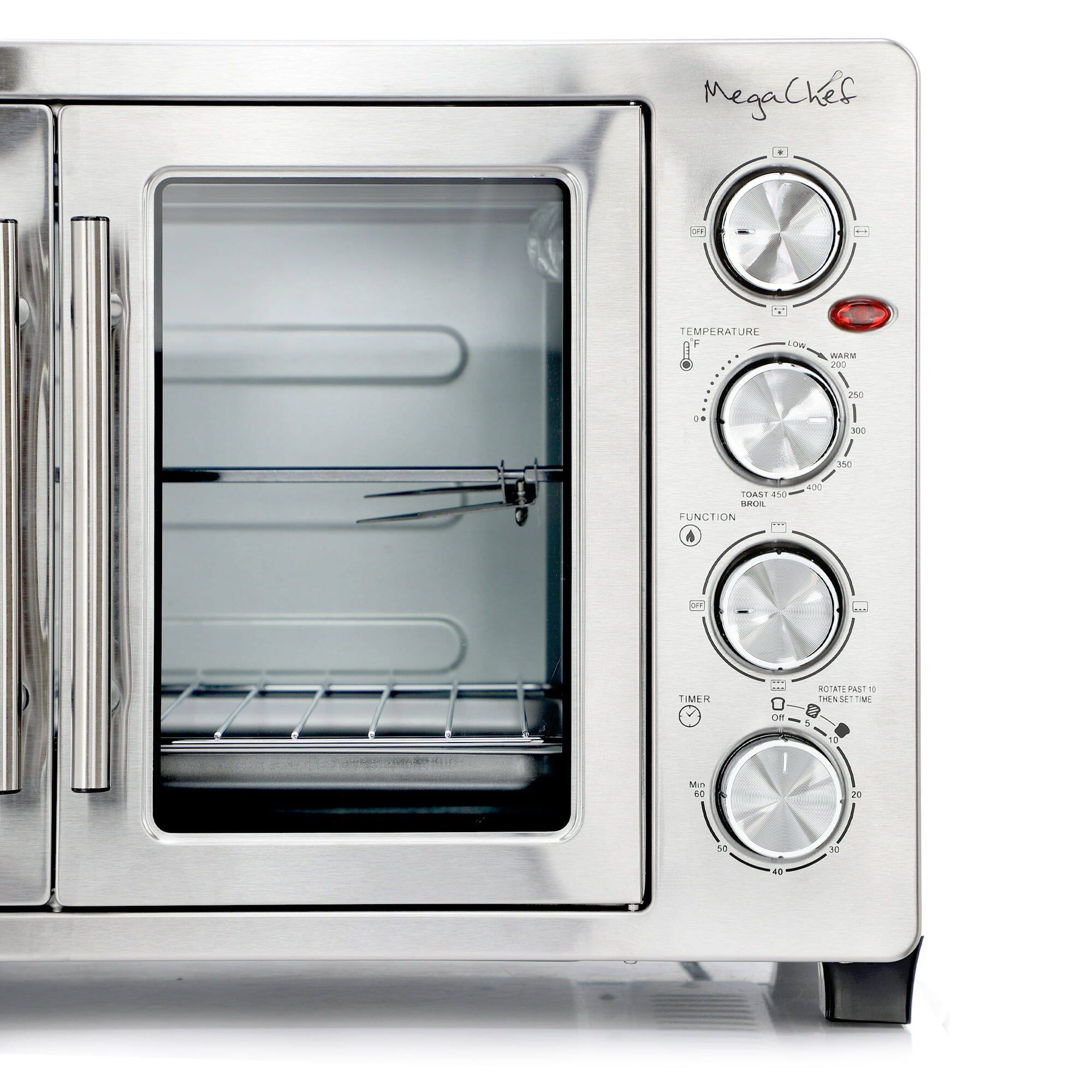 MegaChef

TEMPERATURE  
LOW  
WARM  
200  
250  
300  
350  
400  

FUNCTION  
TOAST  
BROIL  

TIMER  
0  
5  
10  
15  
20  
30  
40  
50  
60  

ROTATE PAN  
RESET TIME