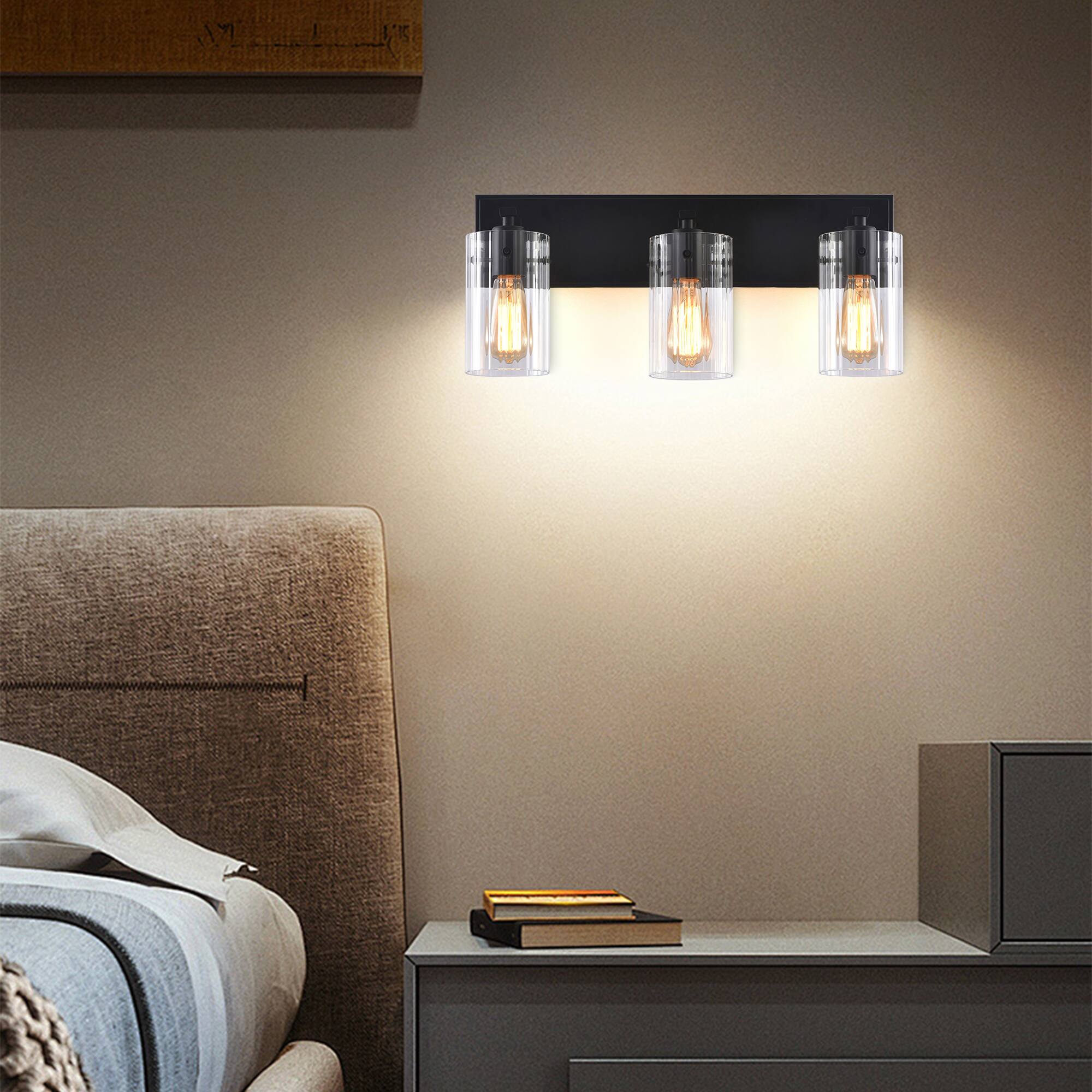 Back. Parrot Uncle - Modern Black 3-Light Glass Dimmable Bathroom Vanity Light Fixture - Matte Black.