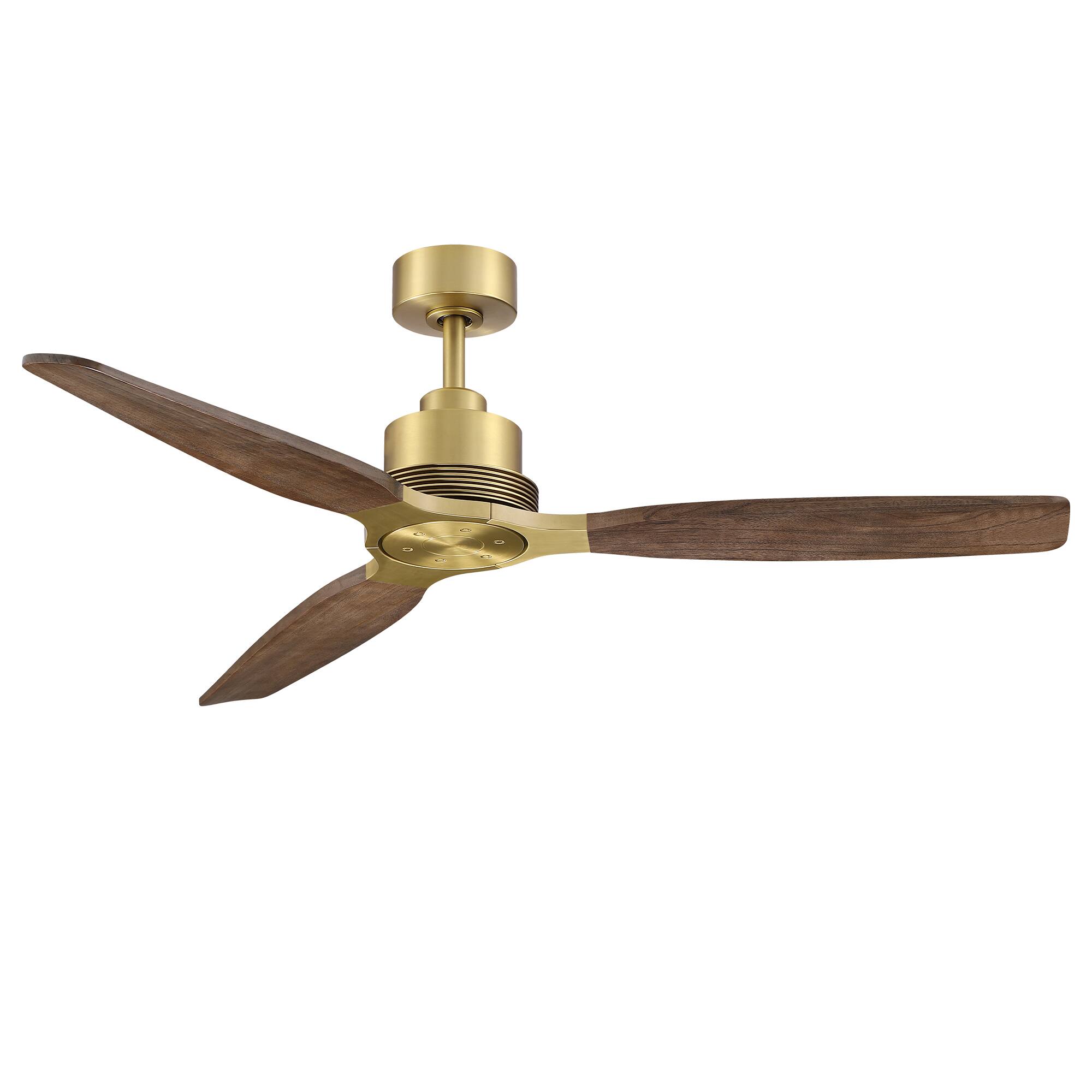 Back. Parrot Uncle - 56" Mid-Century 3-Blade Solid Wood Lightweight Ceiling Fan with 6-Speed DC Motor and Remote, No Light - Vintage Brass.