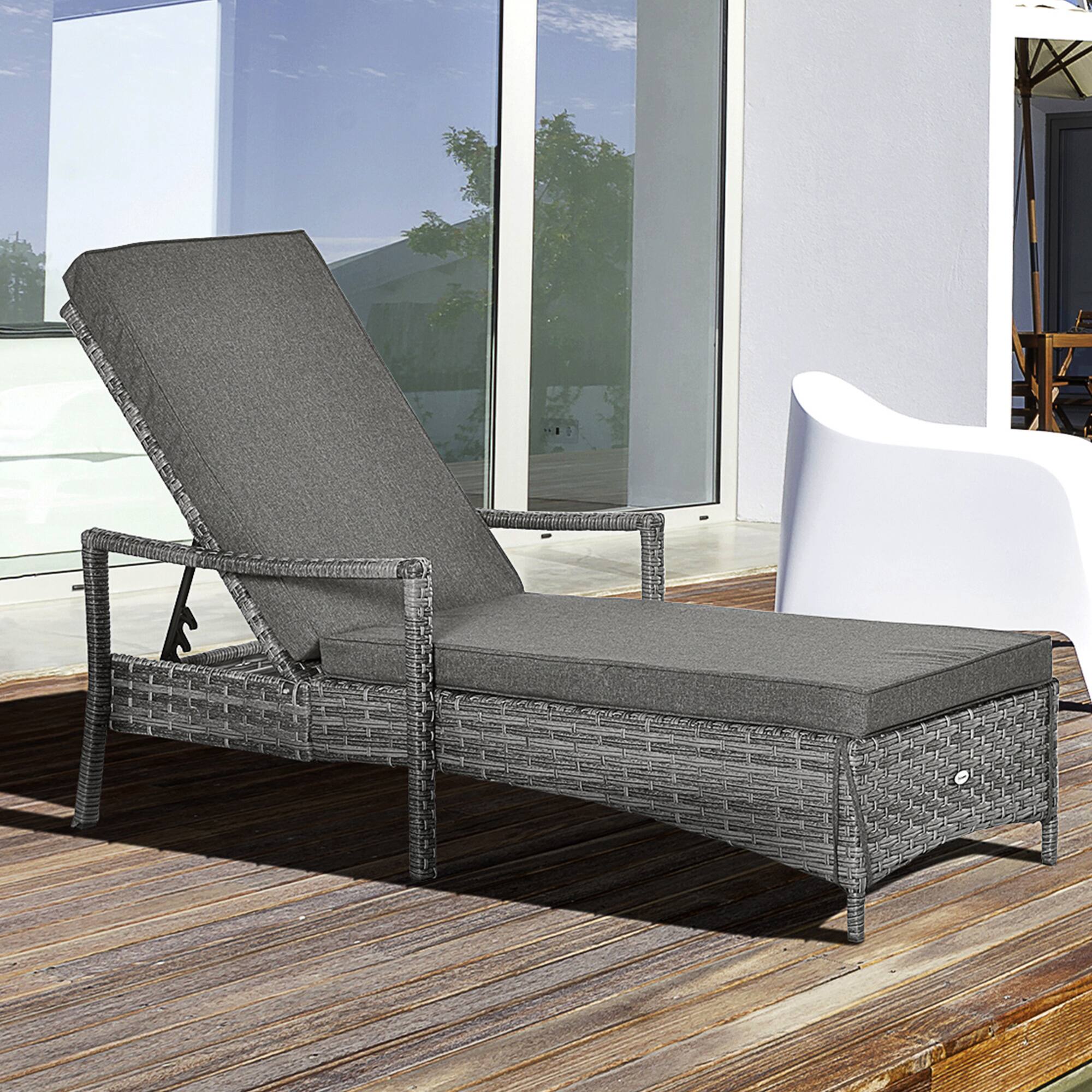 Alt View 1. Outsunny - Wicker Chaise Lounge, 4 Position Adjustable Backrest and Cushions Outdoor Lounge Chair PE Rattan Sun Lounger - Dark Grey.
