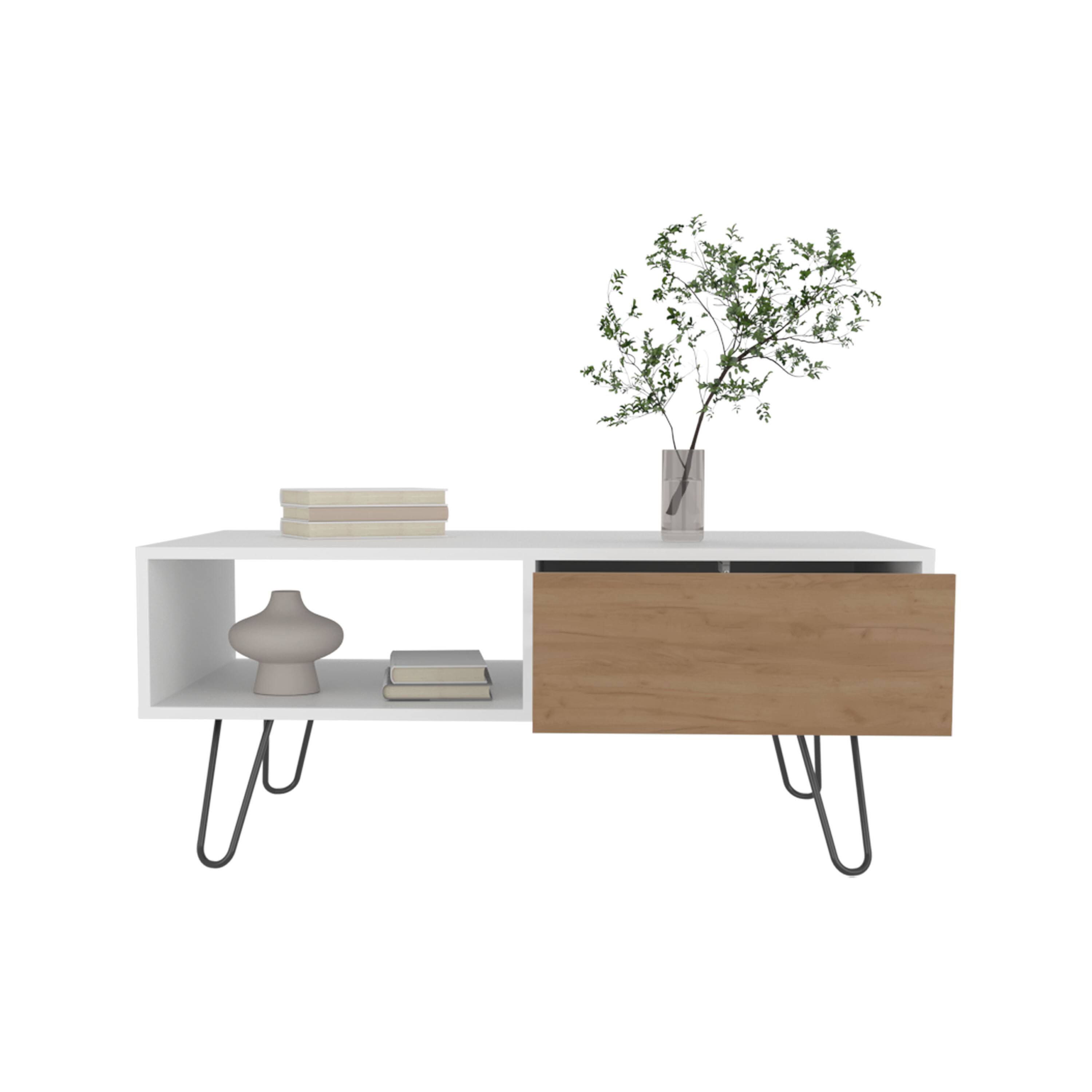 Front. TuHome - Tori Wide Coffee Table with One Drawer, One Shelf, Rectangular, Living Room and Home - Natural Oak - White.