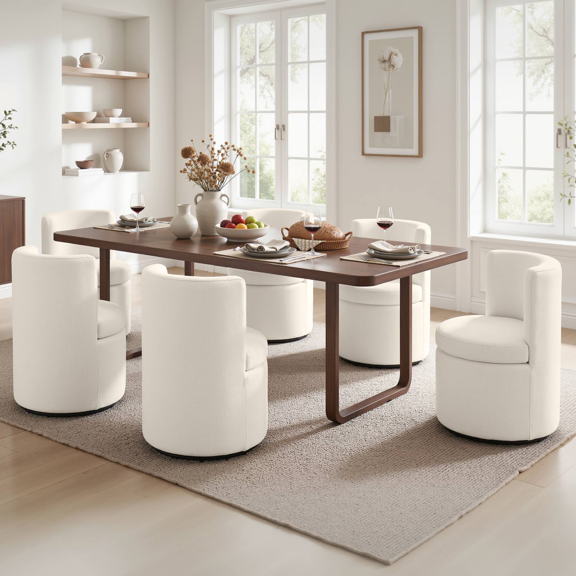 Alt View 6. KERDOM - 1x High Back Barrel Dining Chair With Hidden Storage, Linen Upholstered Slipper Chair Swivel Vanity Stool, No Assembly - Beige.