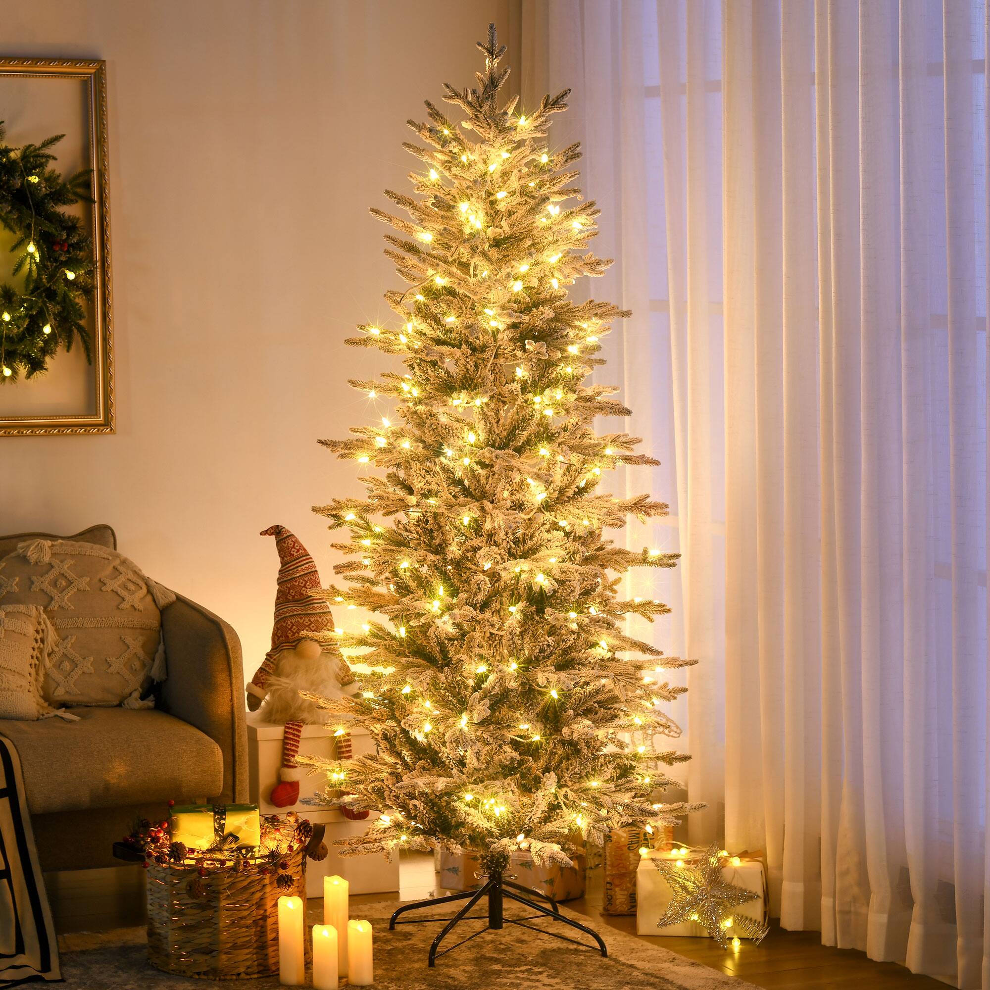 Alt View 1. Homcom - Pre Lit Artificial Flocked Christmas Trees, with Snow Branches, Warm Yellow Clear Lights, Auto Open - Green.
