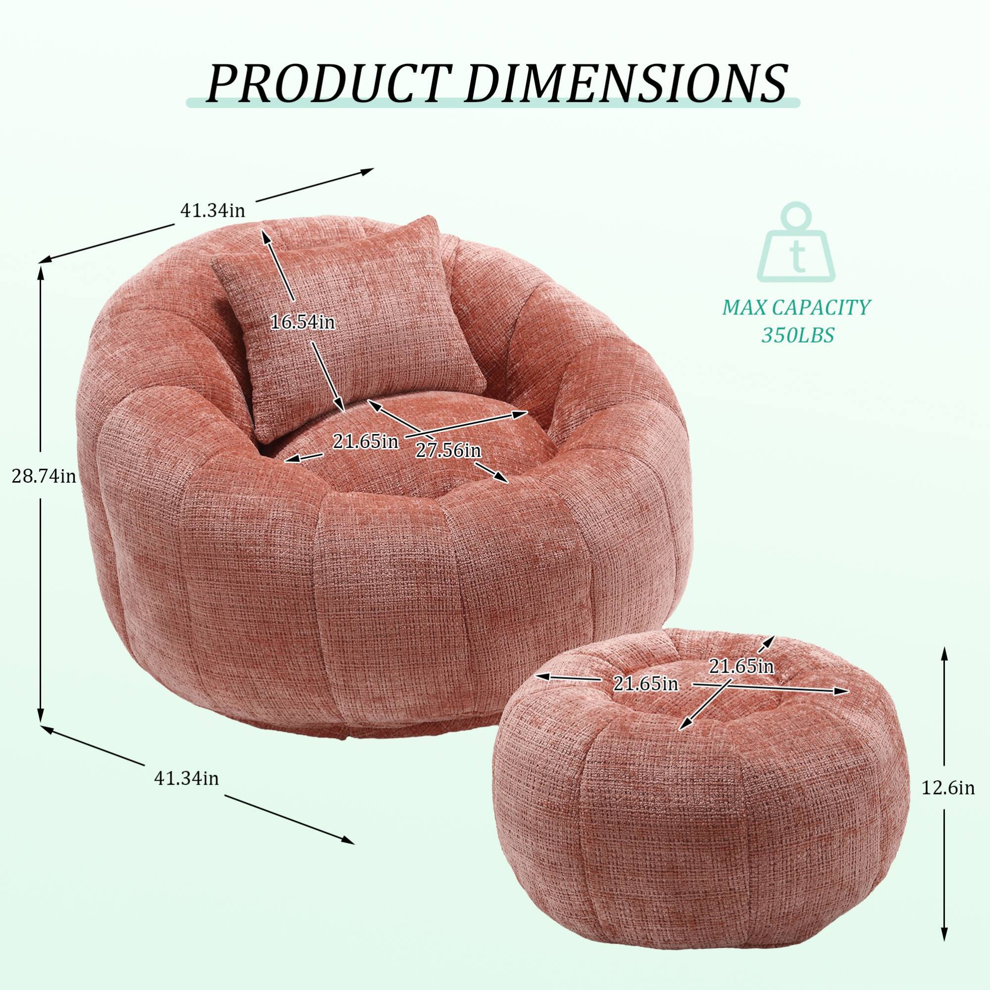 PRODUCT DIMENSIONS  
- Height: 41.34in  
- Width: 28.74in  
- Depth: 21.65in  
- Seat Height: 16.54in  
- Seat Depth: 27.56in  
- Seat Width: 21.65in  
- Footrest Height: 12.6in  

MAX CAPACITY: 350LBS