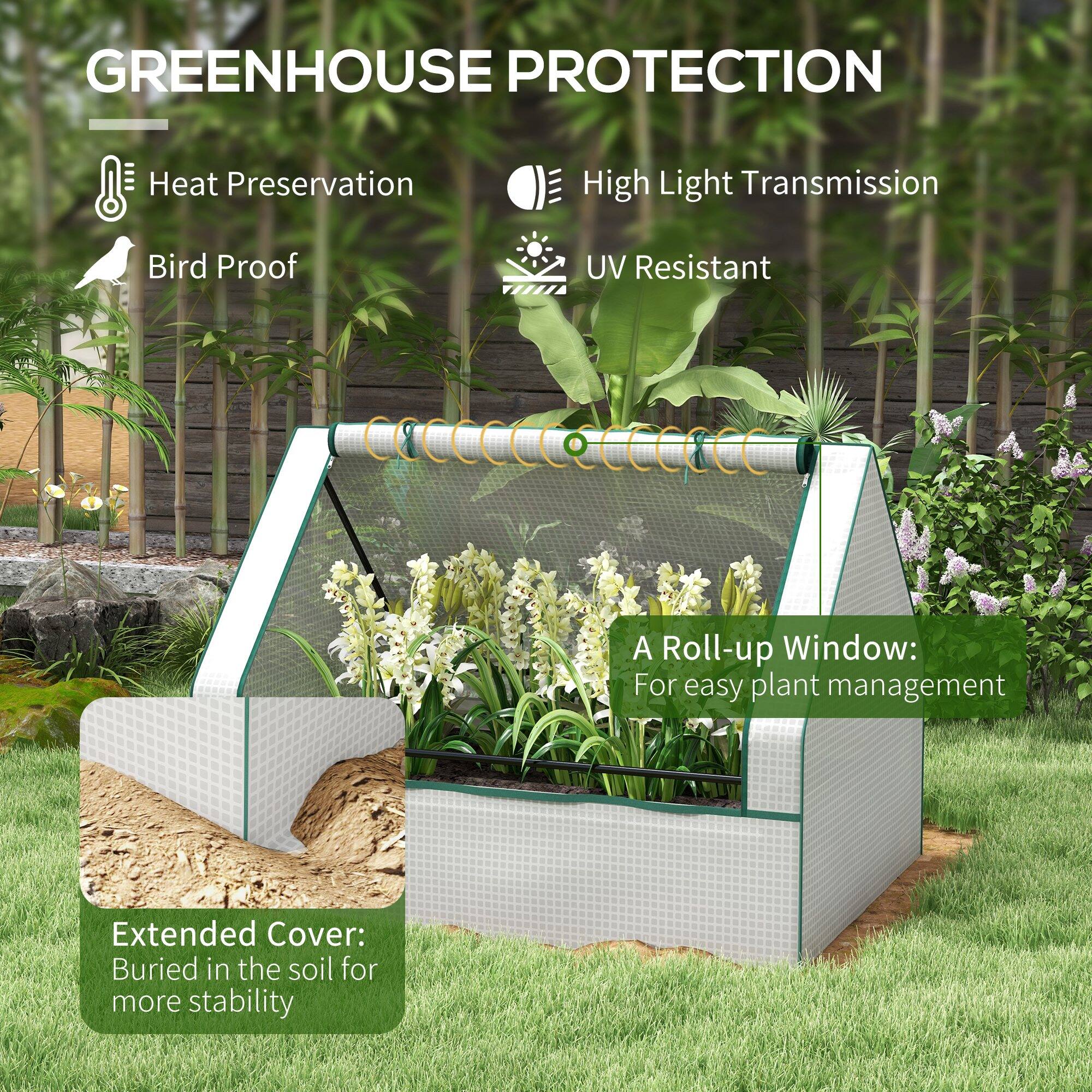 GREENHOUSE PROTECTION

- Heat Preservation
- High Light Transmission
- Bird Proof
- UV Resistant

A Roll-up Window: For easy plant management

Extended Cover: Buried in the soil for more stability