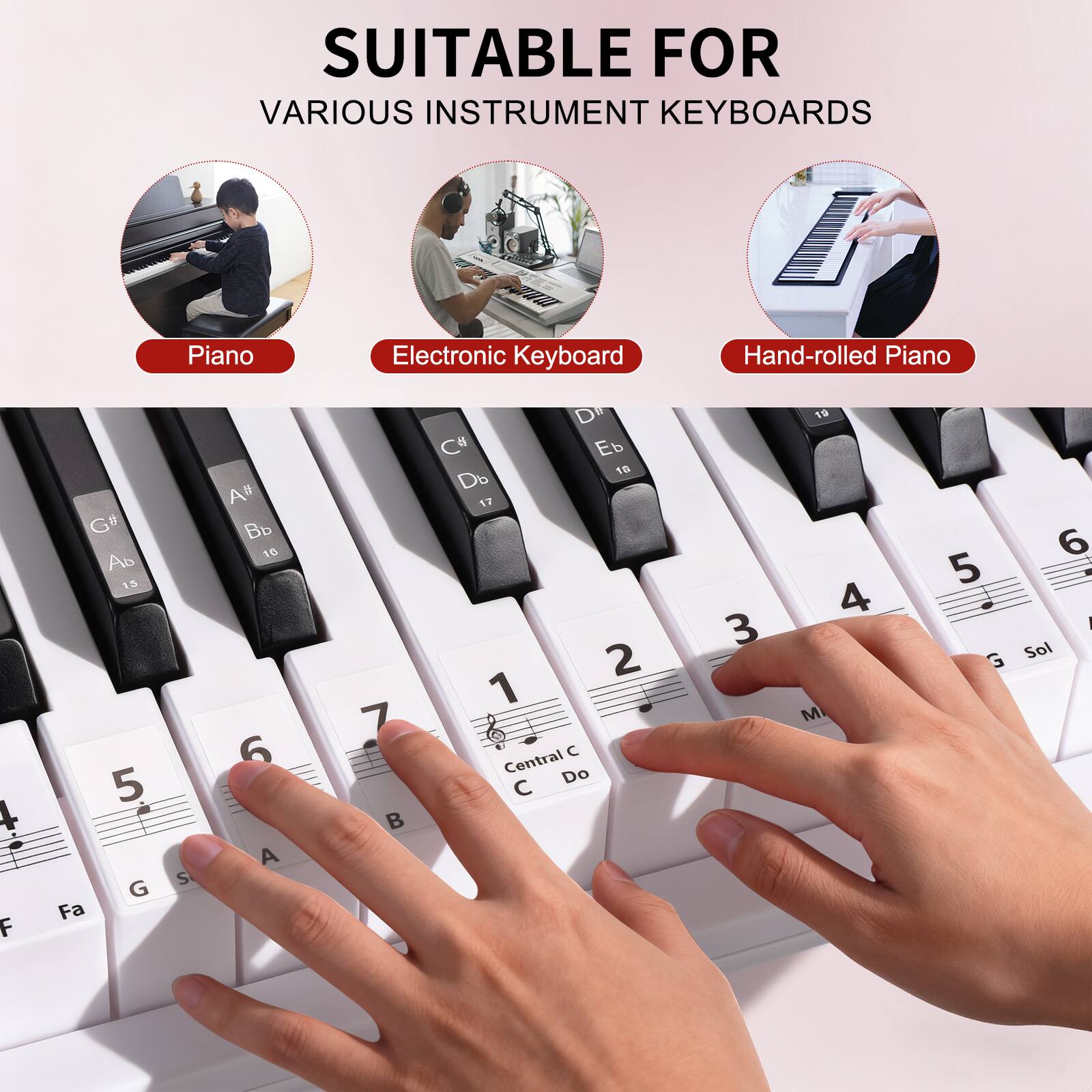 SUITABLE FOR  
VARIOUS INSTRUMENT KEYBOARDS

Piano  
Electronic Keyboard  
Hand-rolled Piano

F  G#  Ab  15  5  G  Fa  S  
16  6  A  7  D  C#  Eb  18  Do  
17  2  1  C Central Do  
3  19  4  M  5  G  6 - I Sol