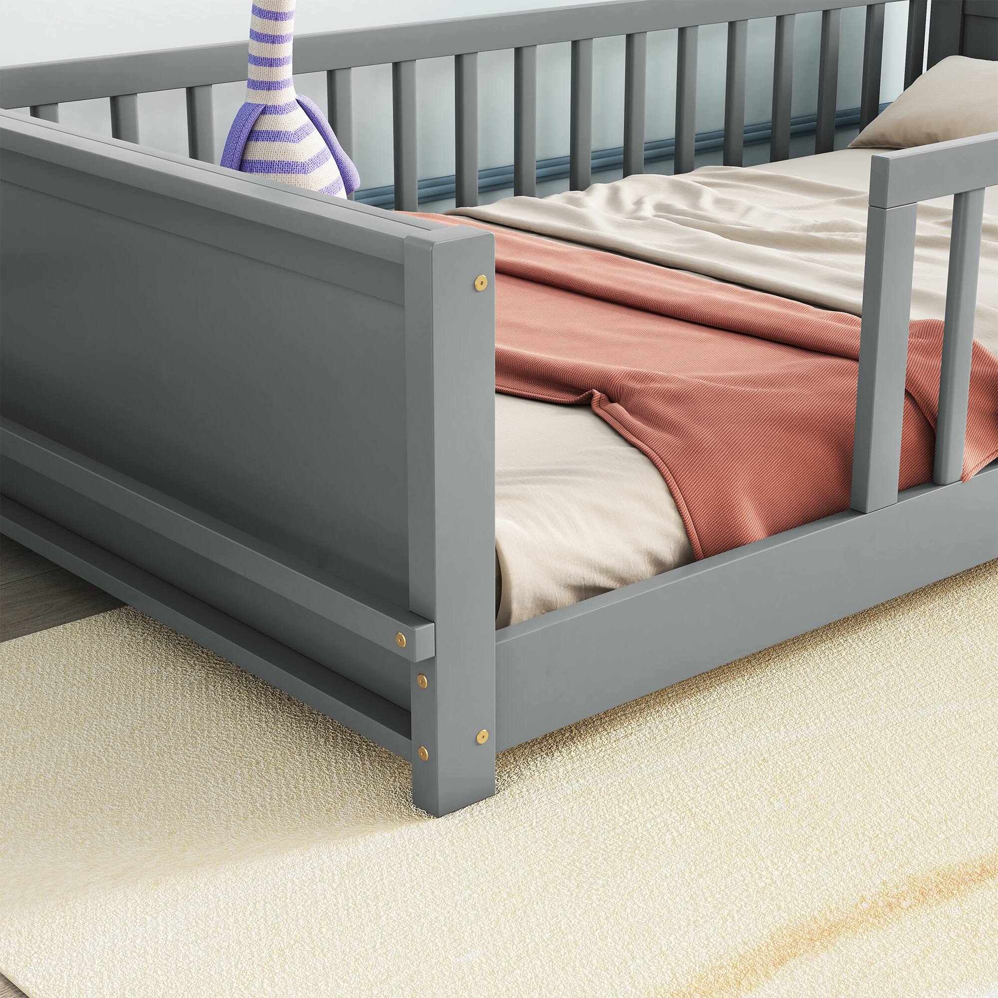 Back. Tiramisubest - Twin size Floor Platform Bed with Built-in Book Storage Rack,Grey - Grey.