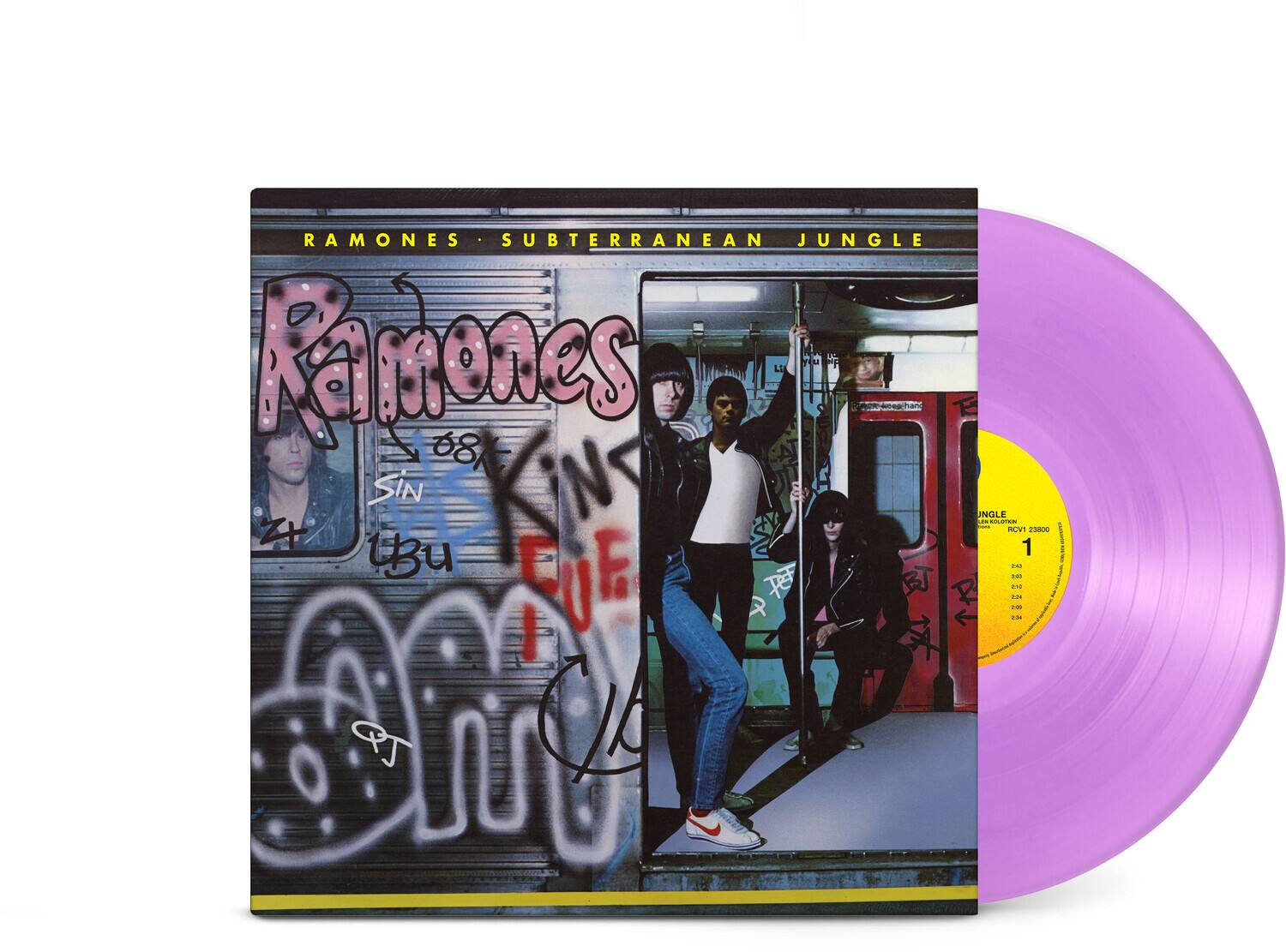 RAMONES  
SUBTERRANEAN JUNGLE  

RAMONES  
68  
SIN  
LBu  
KINS  
I y QT  
UNGLF  
ien  
no 1  

JINGLE  
NEW VINYL  
RCV1 22800  
SIDE A  
1. Subterranean Jungle  
2. I y QT  
3. Un GLF  
4. Ien  
SIDE B  
1. no 1