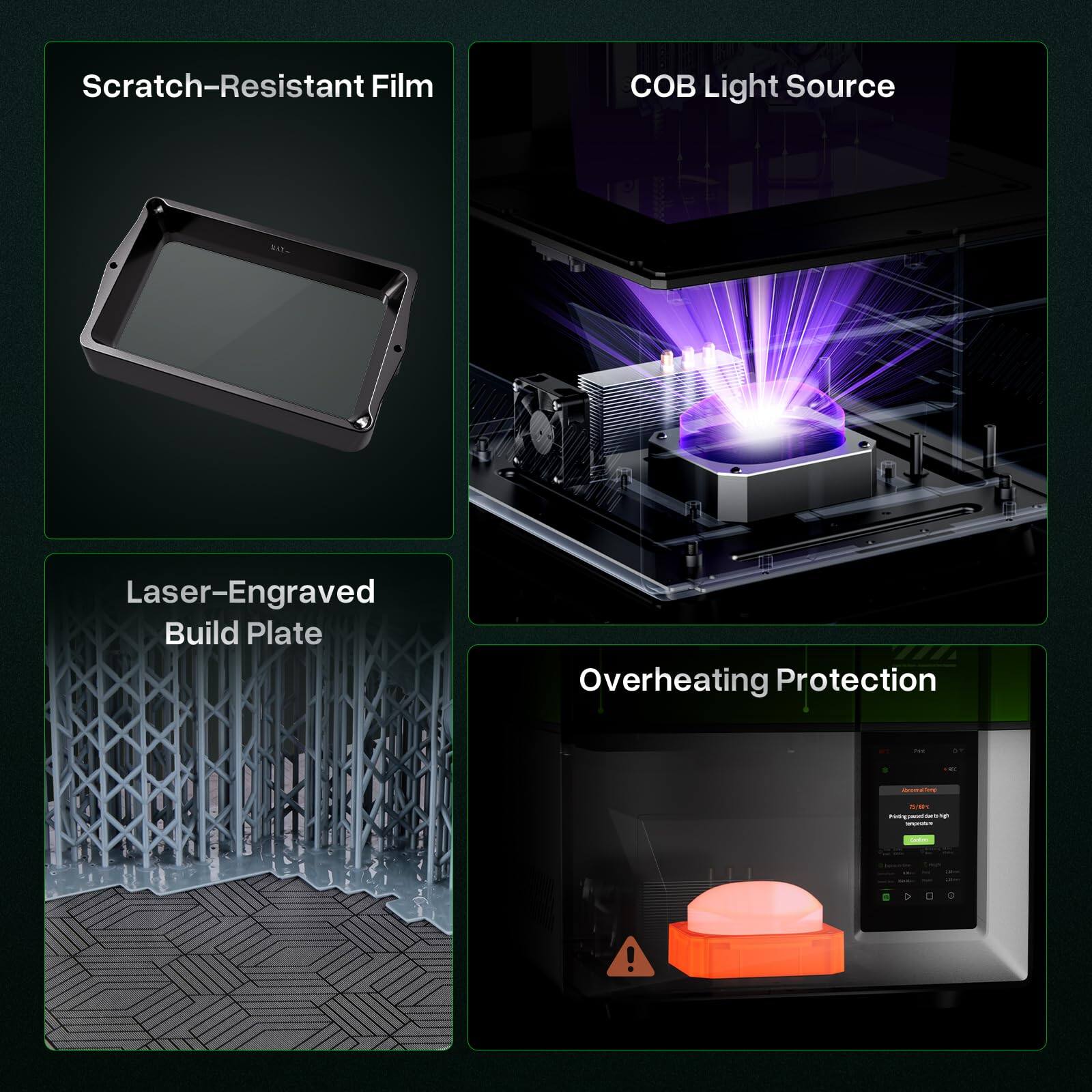Scratch-Resistant Film  
COB Light Source  
Laser-Engraved Build Plate  
Overheating Protection
