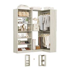 Aheaplus - Corner Closet System 2-Piece Set, Featuring 2 Hanging Rods, Shoe Racks, and Storage Shelves, 1200 LBS Capacity - Beige Oak