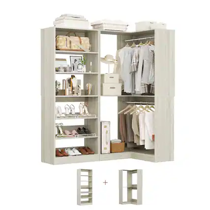 Front. Aheaplus - Corner Closet System 2-Piece Set, Featuring 2 Hanging Rods, Shoe Racks, and Storage Shelves, 1200 LBS Capacity - Beige Oak.