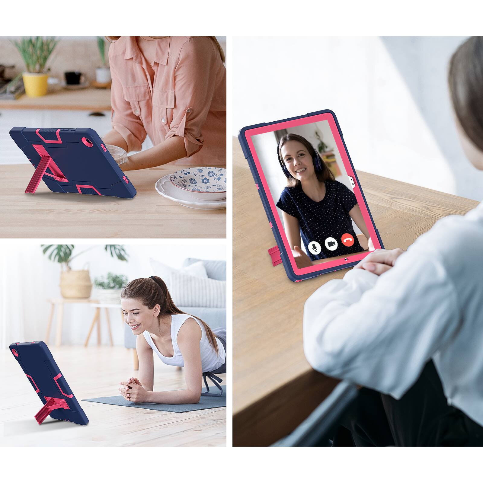 Left. UUCOVER - Case for Samsung Galaxy Tab A11+ 11-inch 2025 (SM-X230/X236/X238) Shockproof Silicone + PC Protective Kickstand Cover - Navy+Rose.