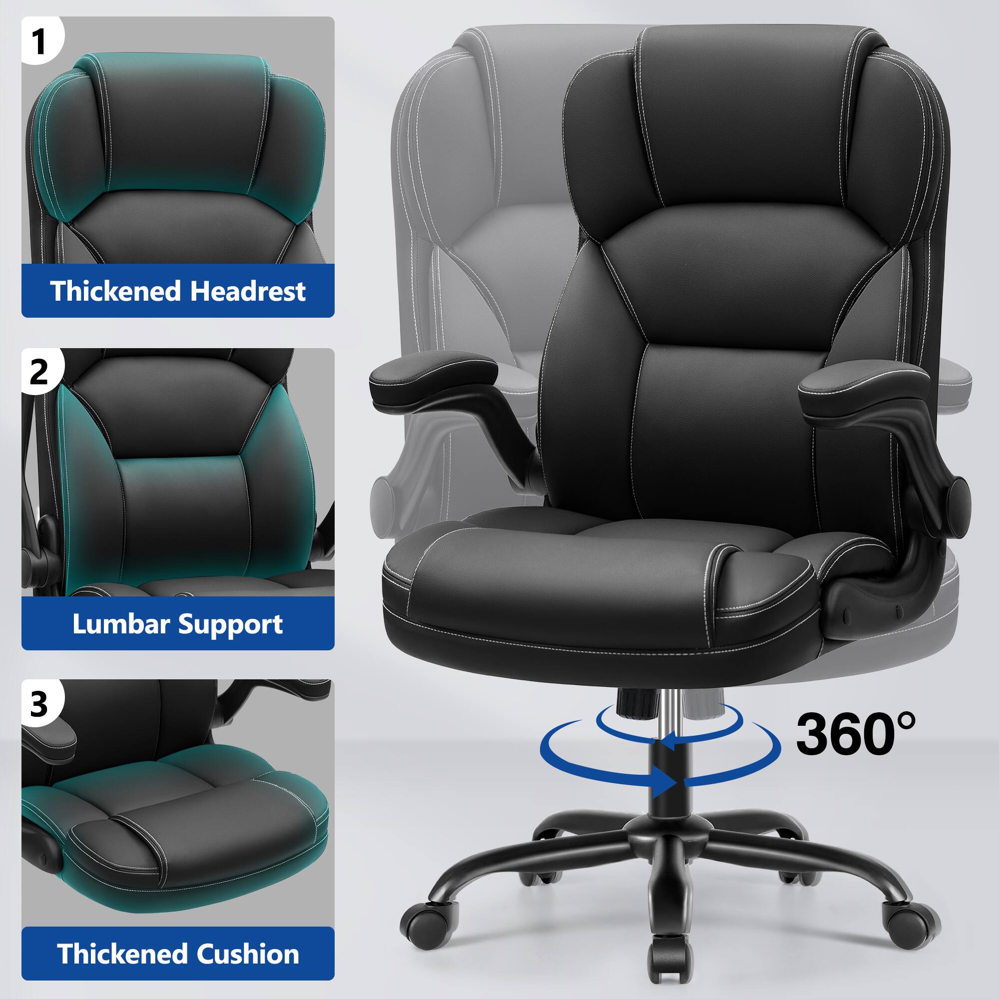 1. Thickened Headrest  
2. Lumbar Support  
3. 360° Thickened Cushion
