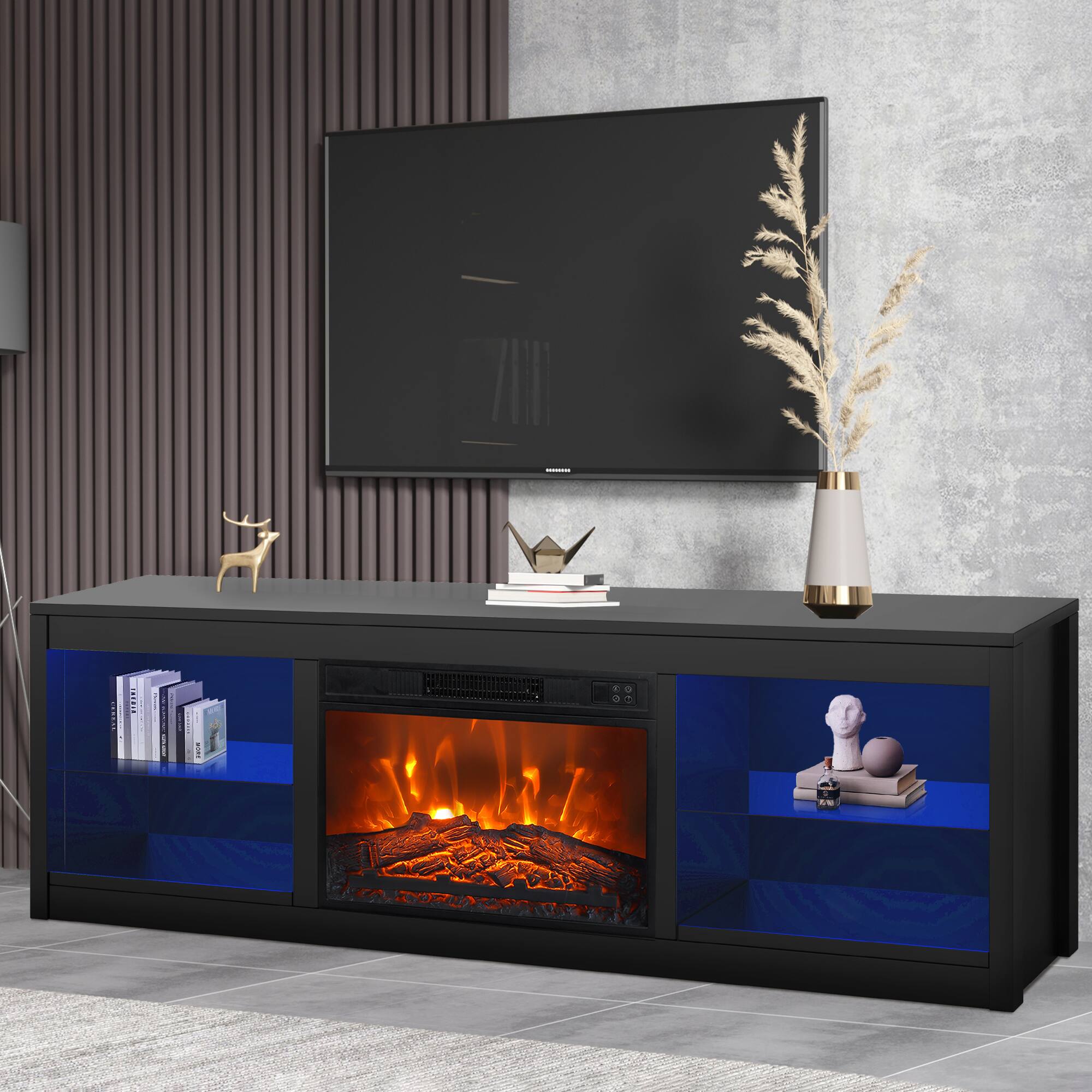 Alt View 6. Ihomeadore - 66" TV Stand with 24" Insert Electric Fireplace and Open Storage Shelves Media Console for TVs up to 75" - Black.