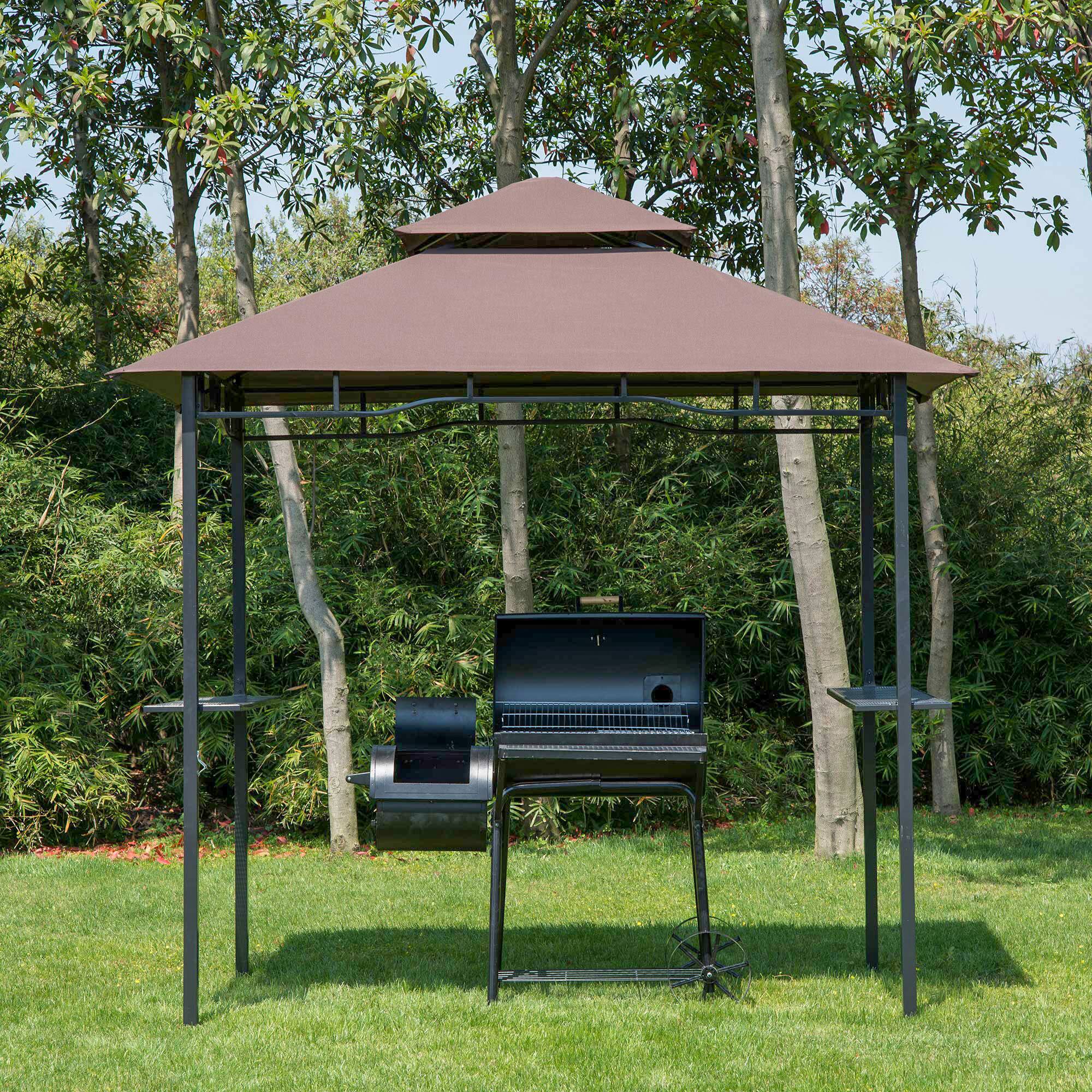 Alt View 1. Outsunny - 8' x 5' Grill Gazebo with Double Roof, Outdoor BBQ Gazebo with 2 Side Shelves, Steel Grill Tent Canopy - Coffee.