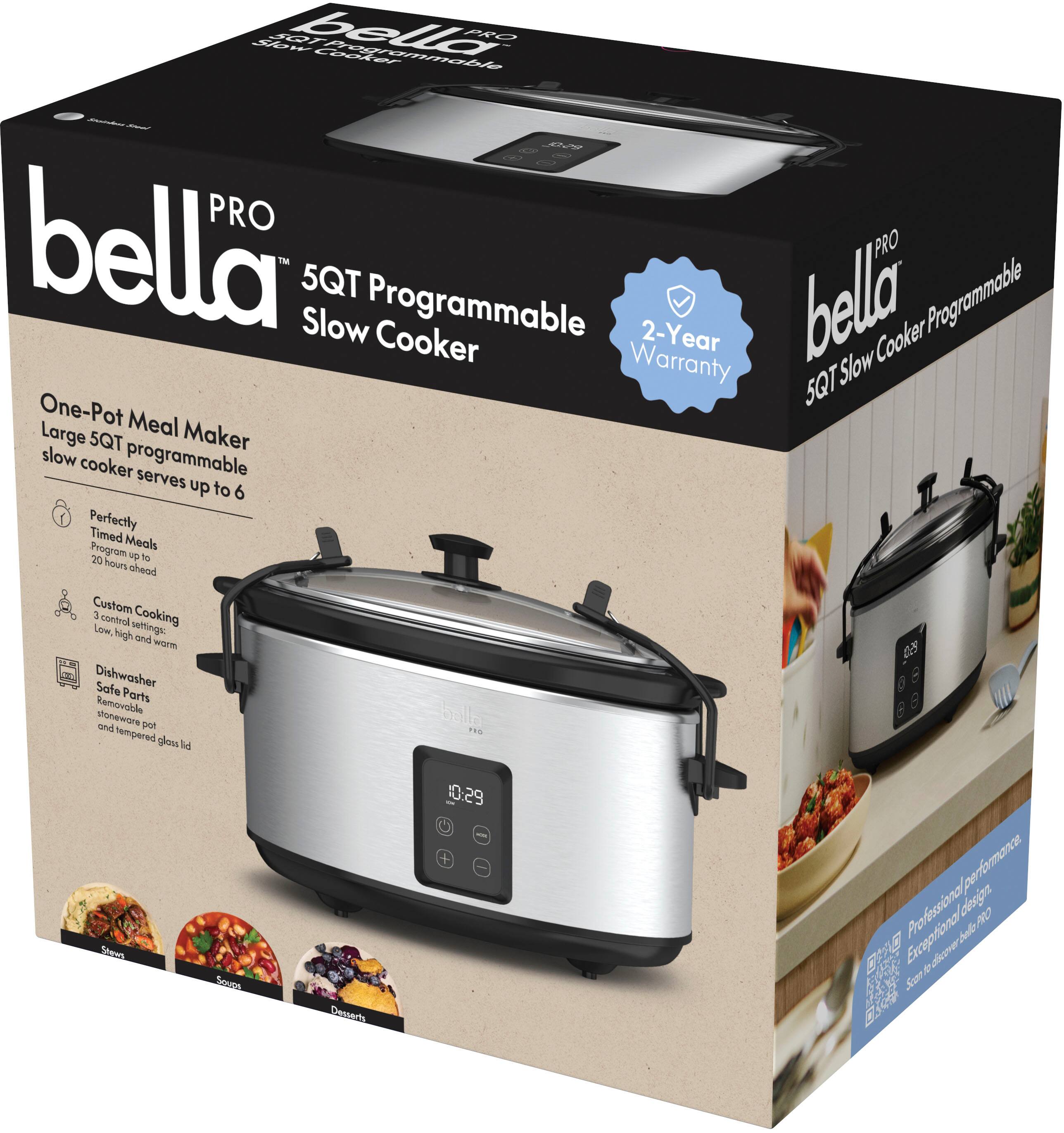 Bella Pro 5QT Programmable Slow Cooker with 2-Year Cooker Warranty. One-Pot Meal Maker, Large 5QT Slow Cooker, serves up to 6 people. Perfectly Timed Meals, Custom Cooking Settings: Low, High, and Warm. Dishwasher Safe Parts, Removable Stoneware and Tempered Glass Lid. 45 Smart Sensor Cooking Presets. 10:29 + Performance Professional Delivered PRO Hub.
