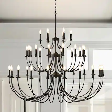 Front. RYHNUYNE - 40 Lights Black Chandelier, 3-Tier Farmhouse Chandeliers for Dining Room, Large Industrial Candle Pendant Light Fixtures - Black.