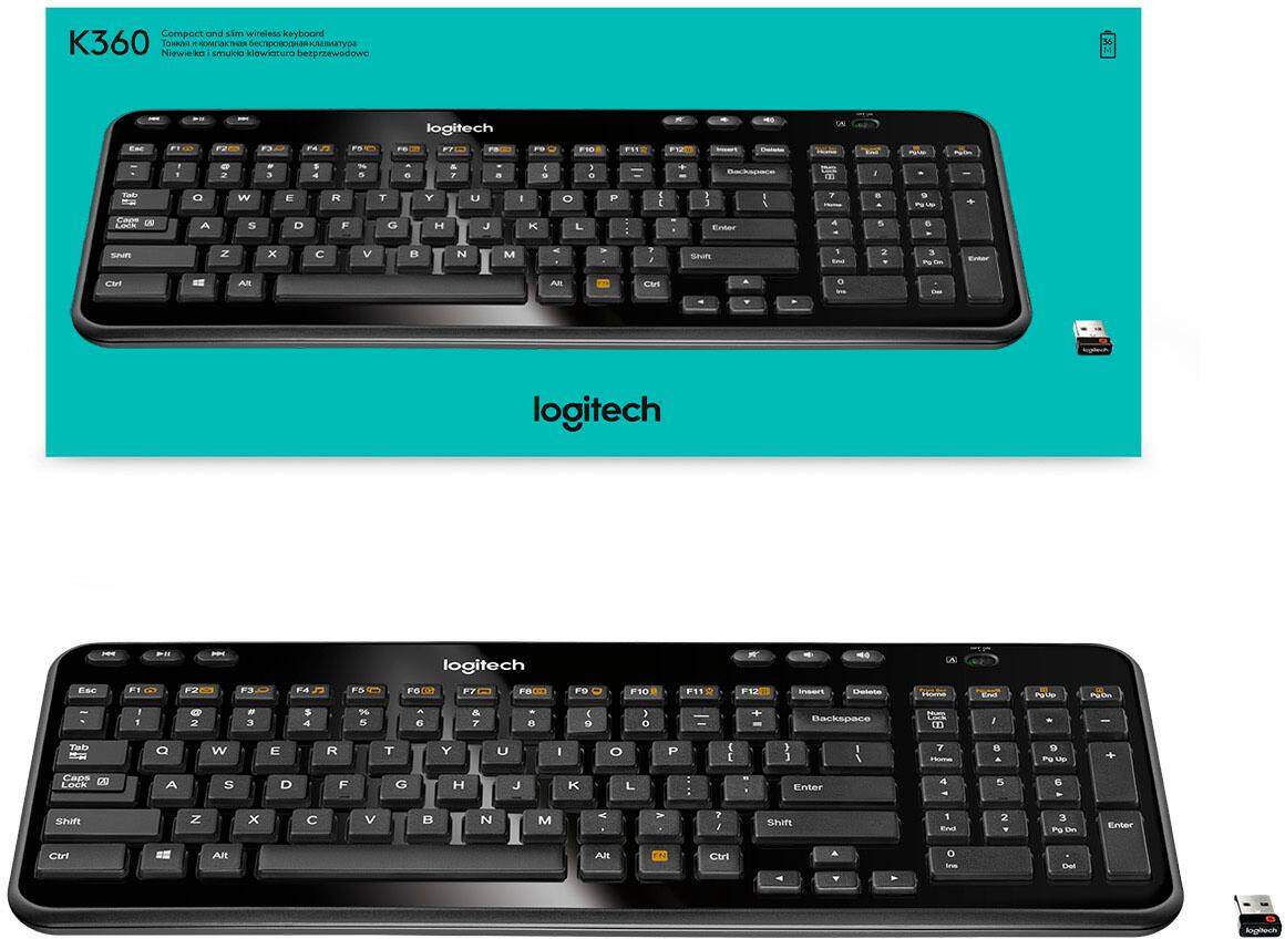 The text on the image reads: "Complement and simplify your workspace with the wireless keyboard K360 from Logitech. The compact and slim design of this keyboard allows you to work efficiently and comfortably. The wireless connectivity eliminates the need for cords and cables, providing you with a clutter-free workspace. The K360 keyboard is equipped with a full-size layout and features a sleek, modern design. It also includes a dedicated number pad and a comfortable typing experience. With the Logitech K360, you can easily switch between devices and work on multiple screens. The keyboard is compatible with Windows, Mac, and Chrome OS, making it a versatile and practical choice for your workspace."