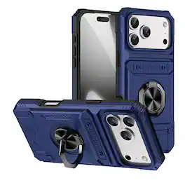 Dteck - Rugged Case For Apple iPhone 17 Pro Max Ring Holder Kickstand Magnetic Car Mount Hidden Card Slot Shockproof Cover - Blue