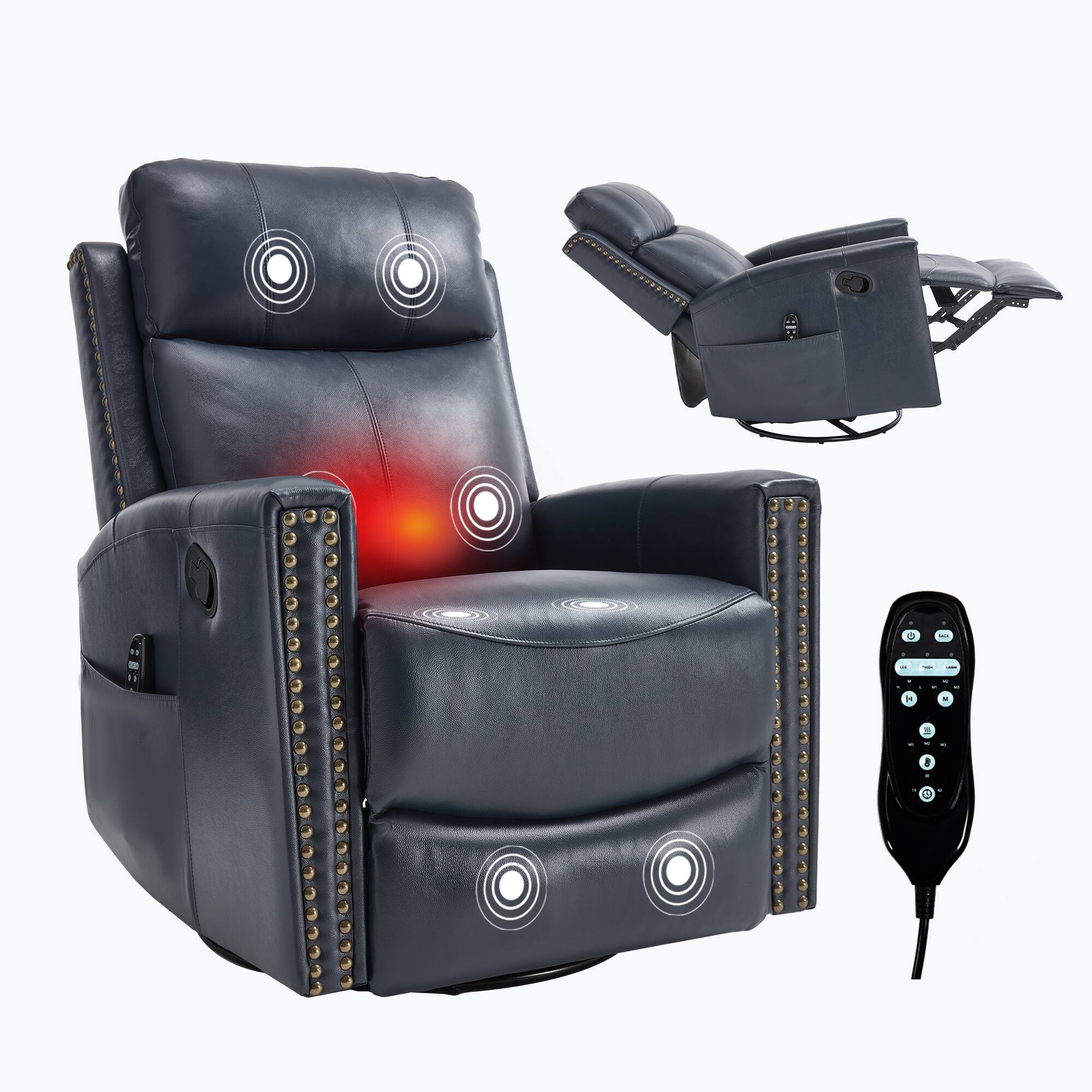 Alt View 9. APRILSOUL - Blue Genuine Leather Heat Massage Manual Recliner Chair Rocker Swivel - Blue.