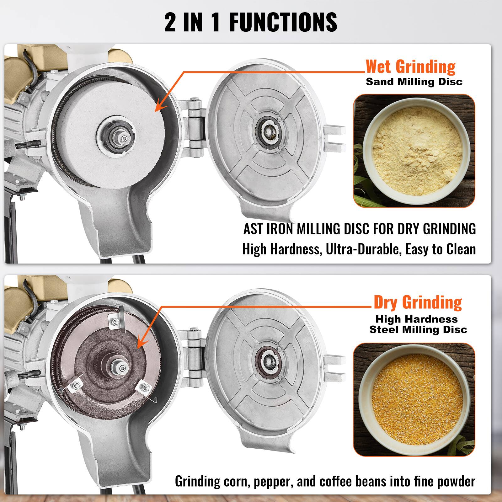 2 IN 1 FUNCTIONS

Wet Grinding  
Sand Milling Disc

AST IRON MILLING DISC FOR DRY GRINDING  
High Hardness, Ultra-Durable, Easy to Clean

Dry Grinding  
High Hardness Steel Milling Disc

Grinding corn, pepper, and coffee beans into fine powder