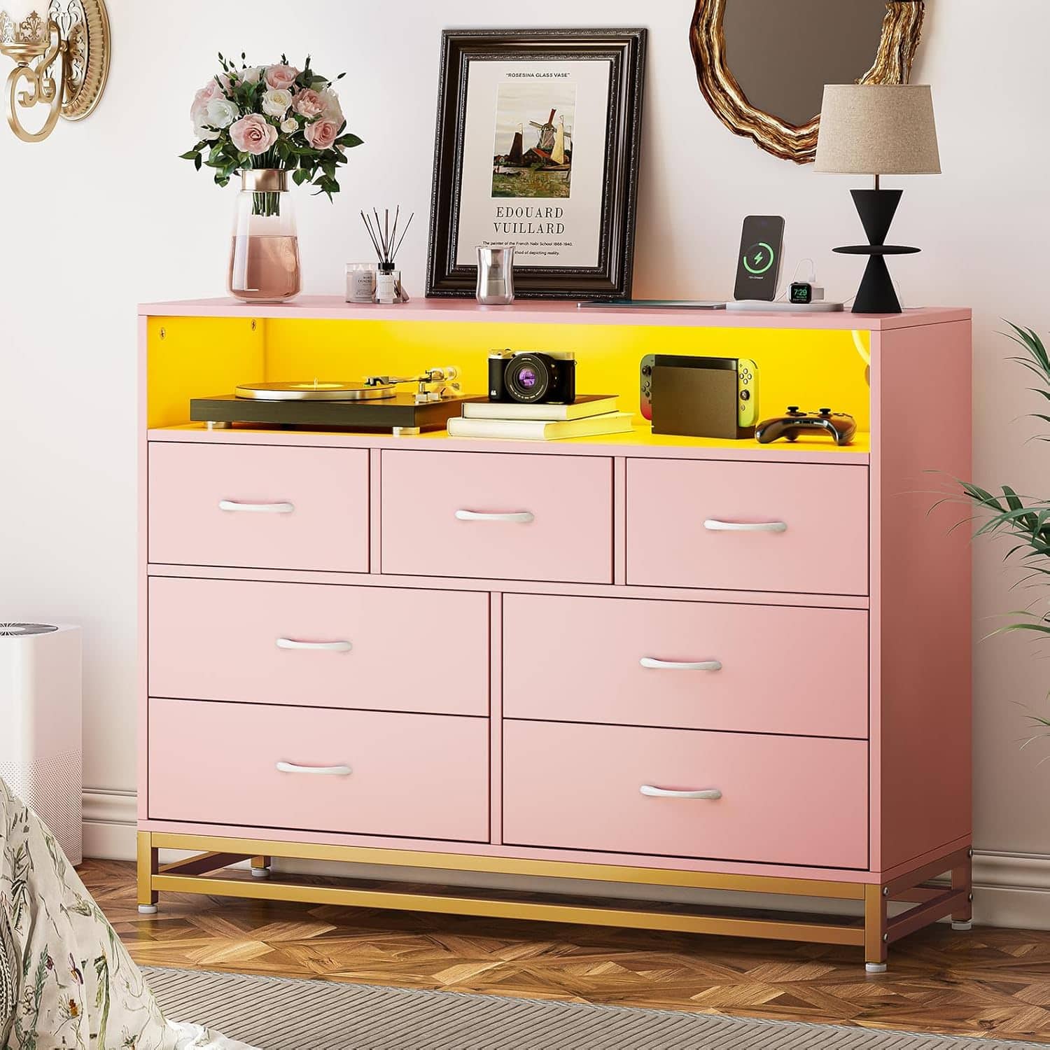 Qeetex - Black 7-Drawer Dresser for Bedroom, Long Wooden Chest with LED Light, Wide Storage Cabinet for Living Room - Pink