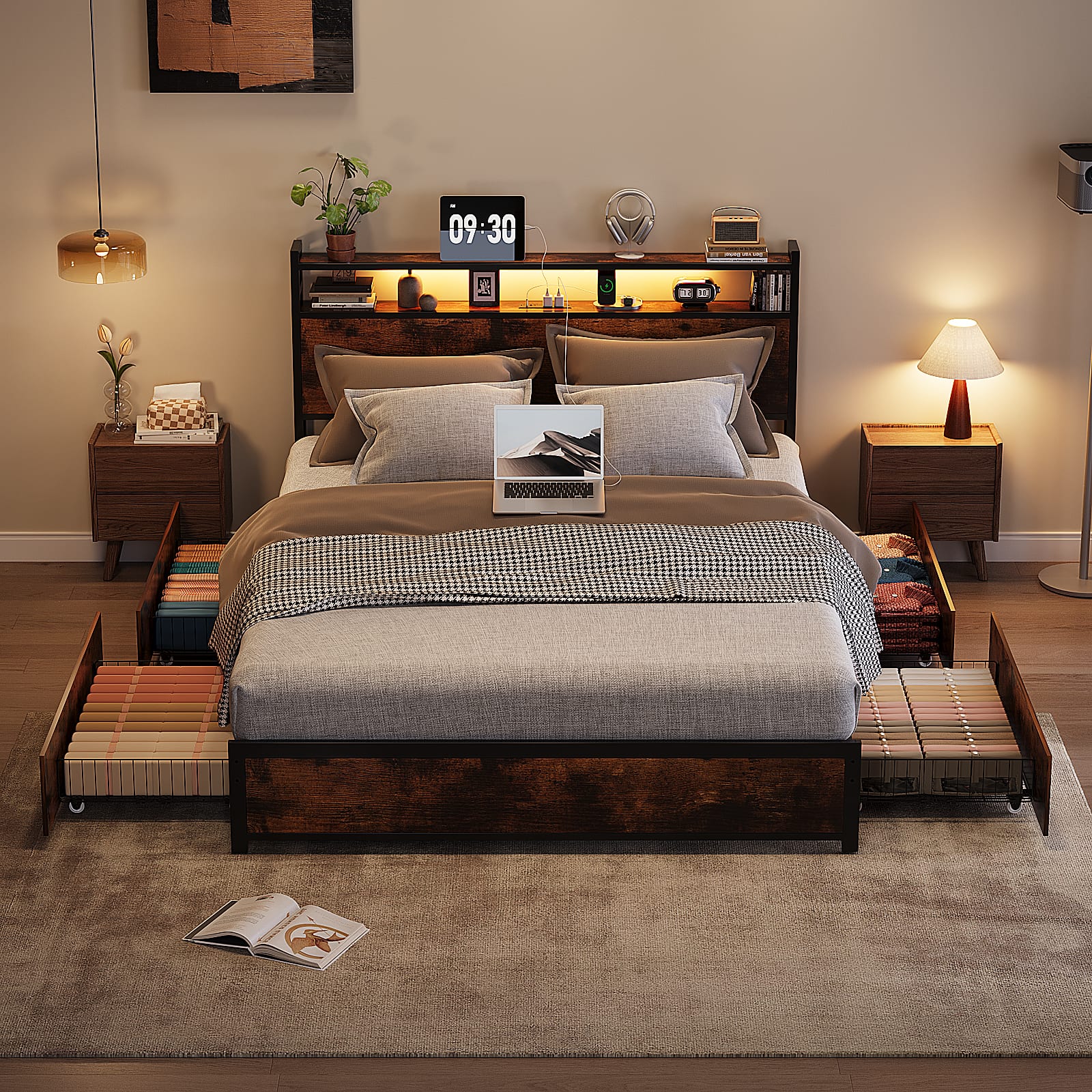 Front. Winado - Bed Frame Full Size with 4 Storage Drawers and Storage Headboard Metal Platform with Charging Station and LED Lights - Vintage Brown.