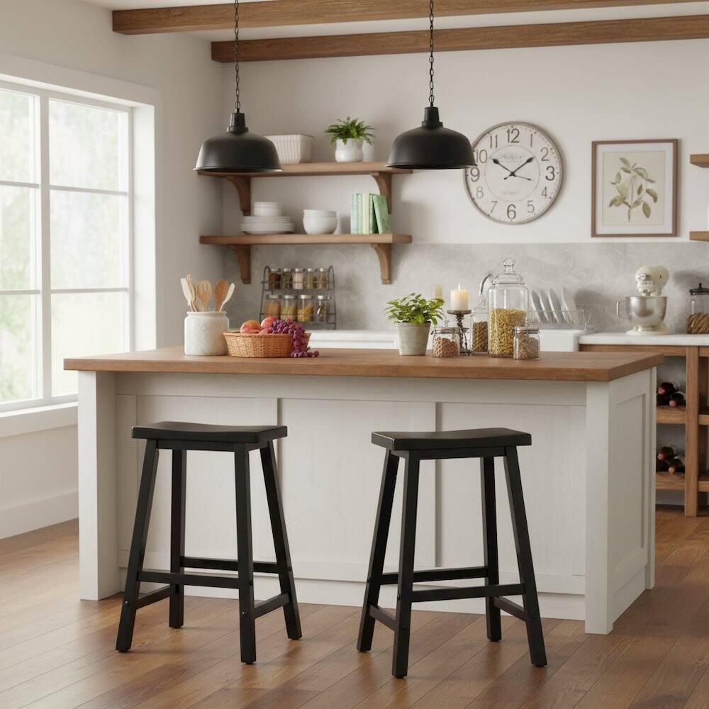 Alt View 3. FurniFact - Black Solid Wood Saddle Seat Bar Stool, 24 Inch Stool for Counter Dining - Black.