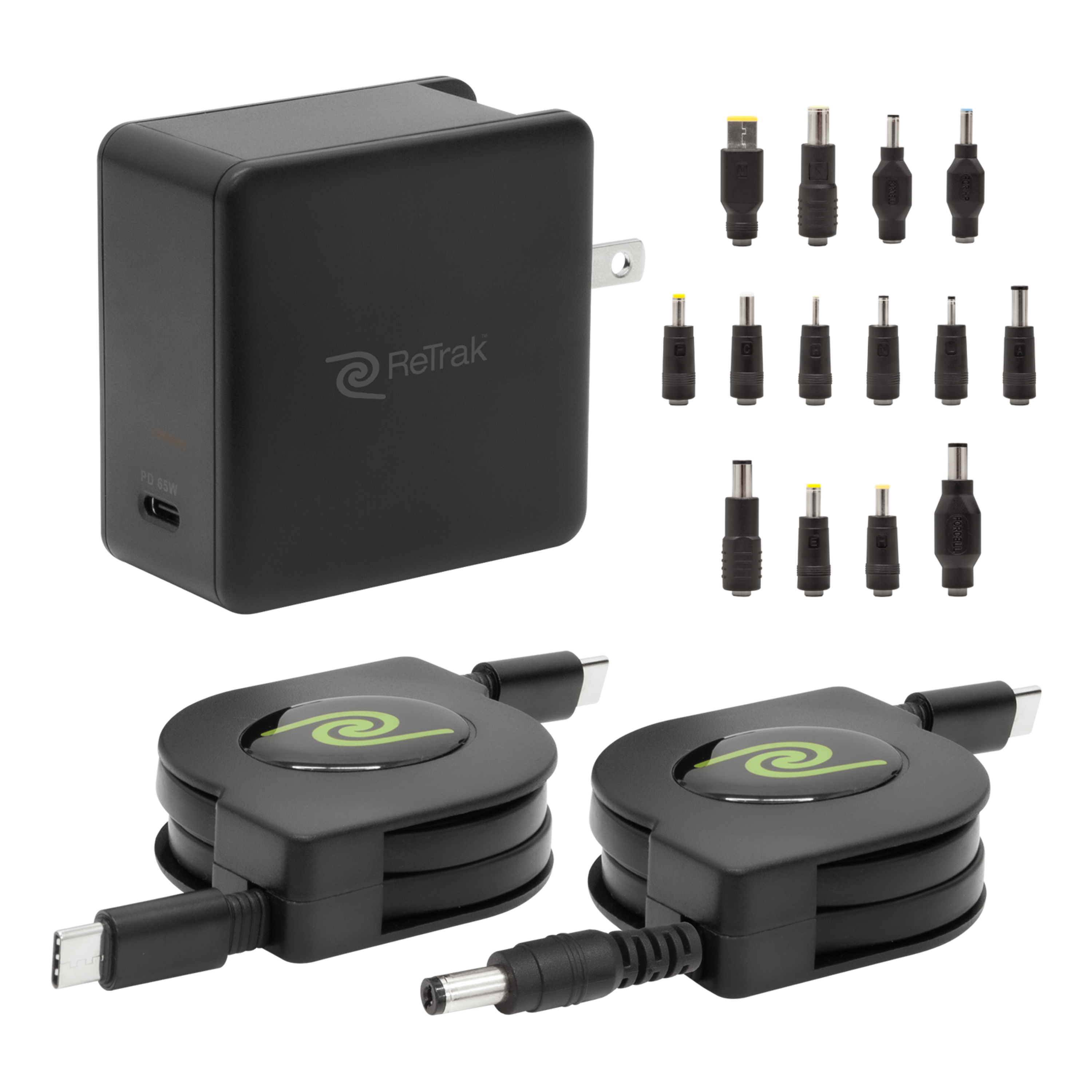 Left. ReTrak - 67W Universal USB-C Laptop Charger With 14 Adapter Tips - Black.