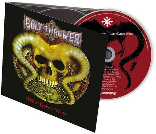 **Bolt Thrower - Who Dares Wins**
**Artwork owned by Earache Records Ltd. Unauthorized copying, copyright public.**
**Tracklist:**
1. Cenotaph
2. Destructive Infinity
3. Prophet of Hatred
4. Psalm of Chaos (live)
5. Head (extended remix)
6. Crown of Life
7. Dying Creed
8. Eight
9. Lament
10. World Eater '94
11. Overlord
**Earache Records**