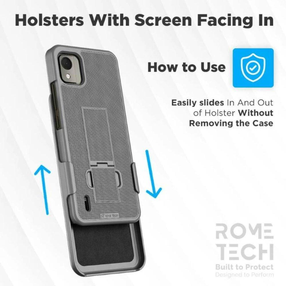 Holsters With Screen Facing In  
How to Use  
Easily slides In And Out of Holster Without Removing the Case  
ROME TECH  
Built to Protect  
Designed to Perform