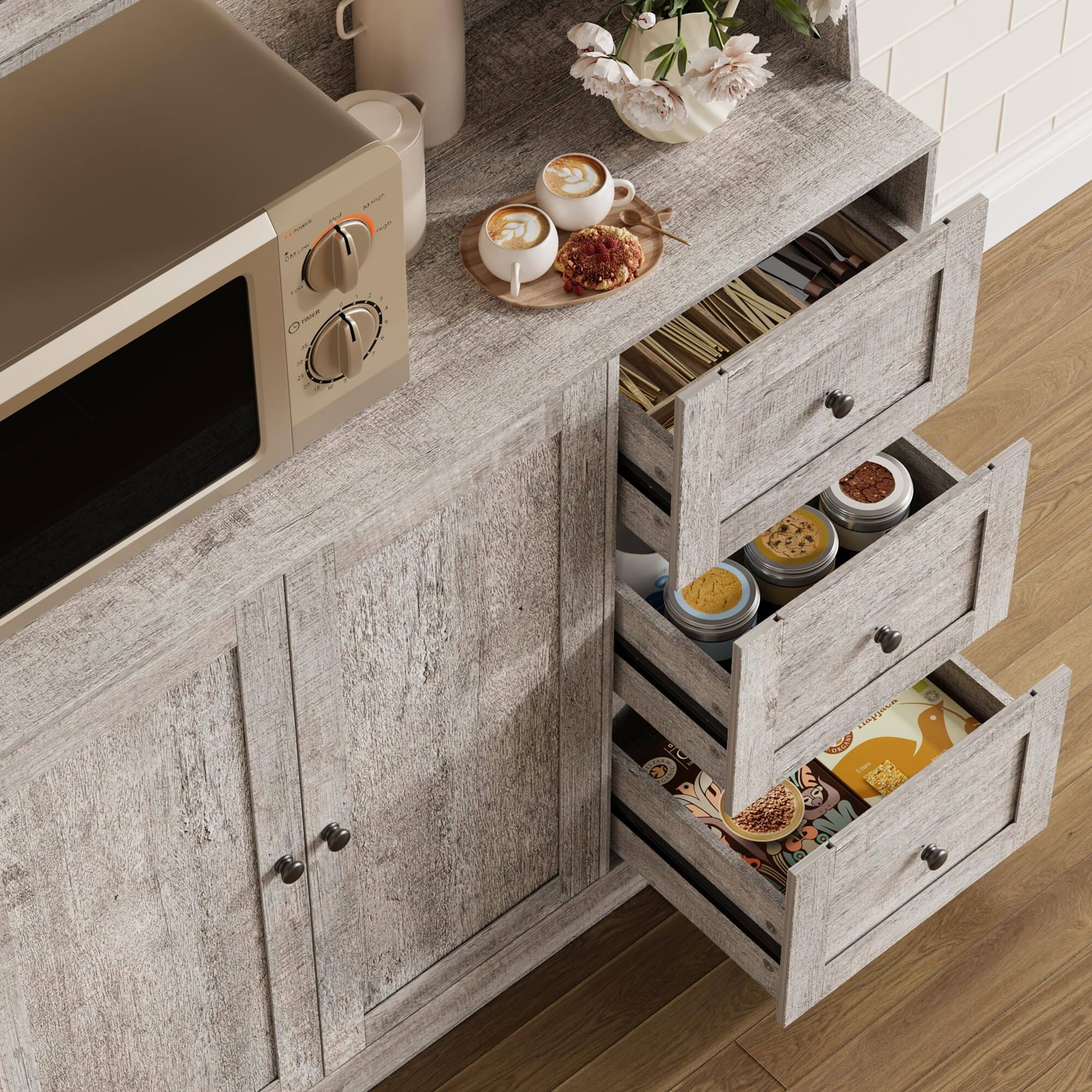 Alt View 2. Homhougo - 43" LED Pantry Cabinet w/ Microwave Stand, 3 Drawers & Adjustable Shelves – Freestanding - Gray.