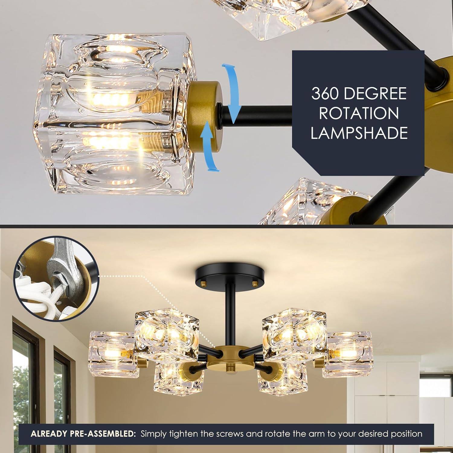 360 DEGREE ROTATION LAMPSHADE

ALREADY PRE-ASSEMBLED: Simply tighten the screws and rotate the arm to your desired position